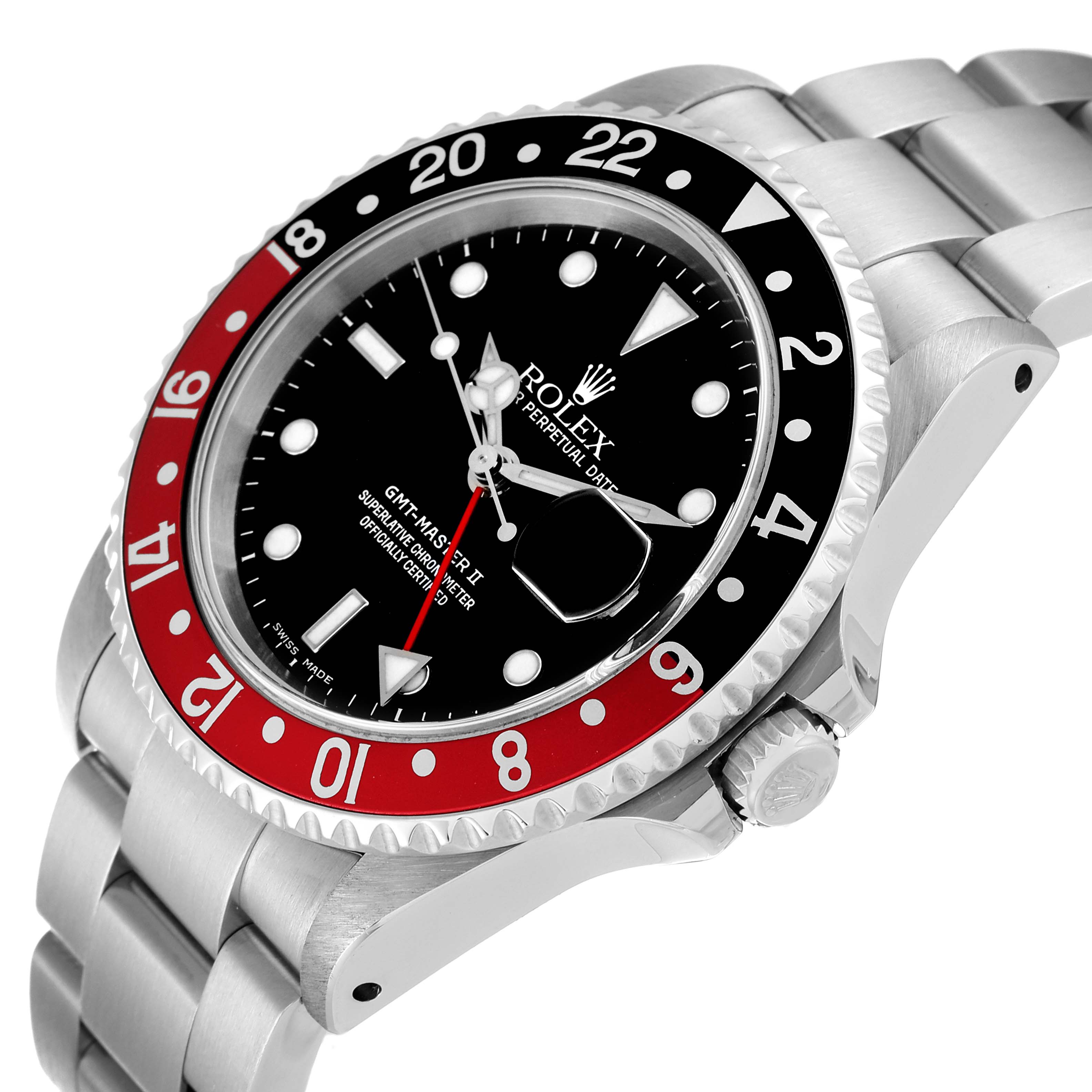 The image shows a close-up angle of the Rolex GMT-Master 16710 Men
s Stainless Steel Black Dial 16710 Men
s Stainless Steel Black Dial watch, highlighting its bezel, dial, crown, and bracelet.