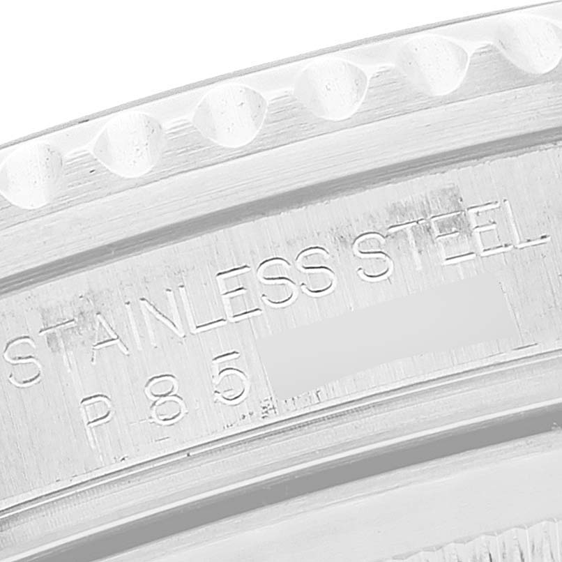 This image shows a close-up view of the stainless steel case back engraving on a Rolex GMT-Master 16710 Men
s Stainless Steel Black Dial 16710 Men
s Stainless Steel Black Dial watch.