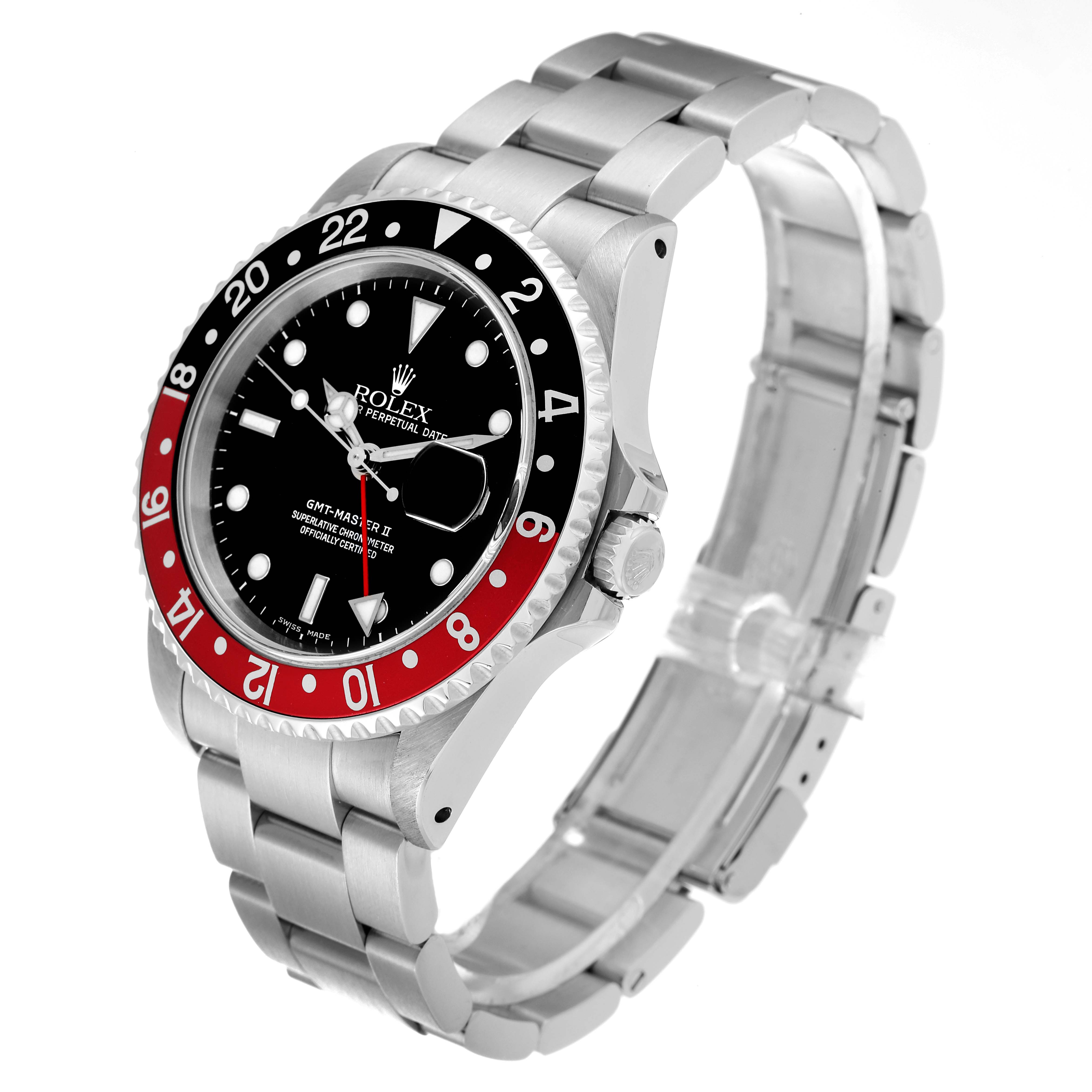 The image shows a Rolex GMT-Master 16710 Men
s Stainless Steel Black Dial 16710 Men
s Stainless Steel Black Dial watch at a slight angle, showcasing its bezel, dial, bracelet, and crown.