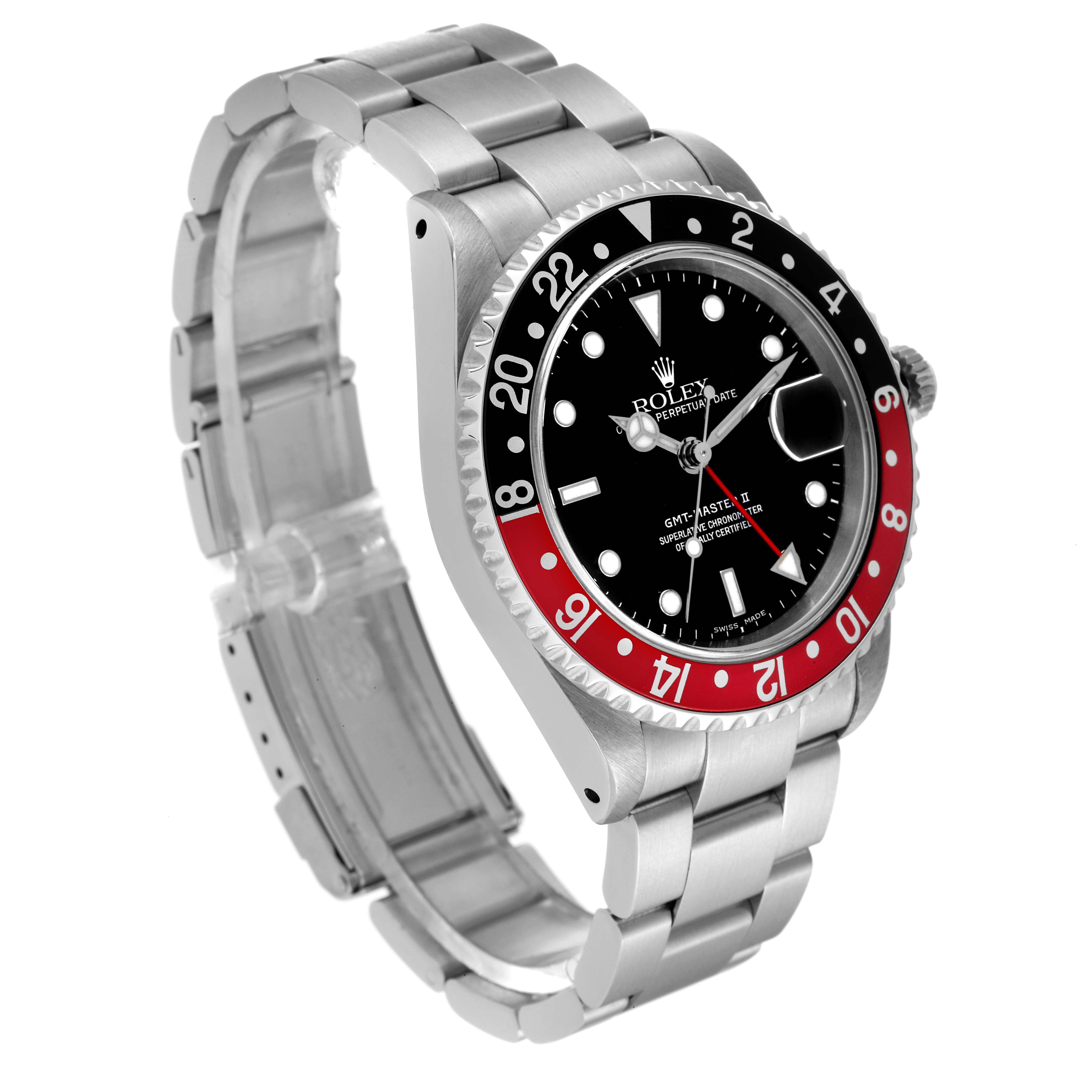 The image shows a Rolex GMT-Master 16710 Men
s Stainless Steel Black Dial 16710 Men
s Stainless Steel Black Dial watch angled from the upper left, highlighting the bezel, dial, and bracelet.