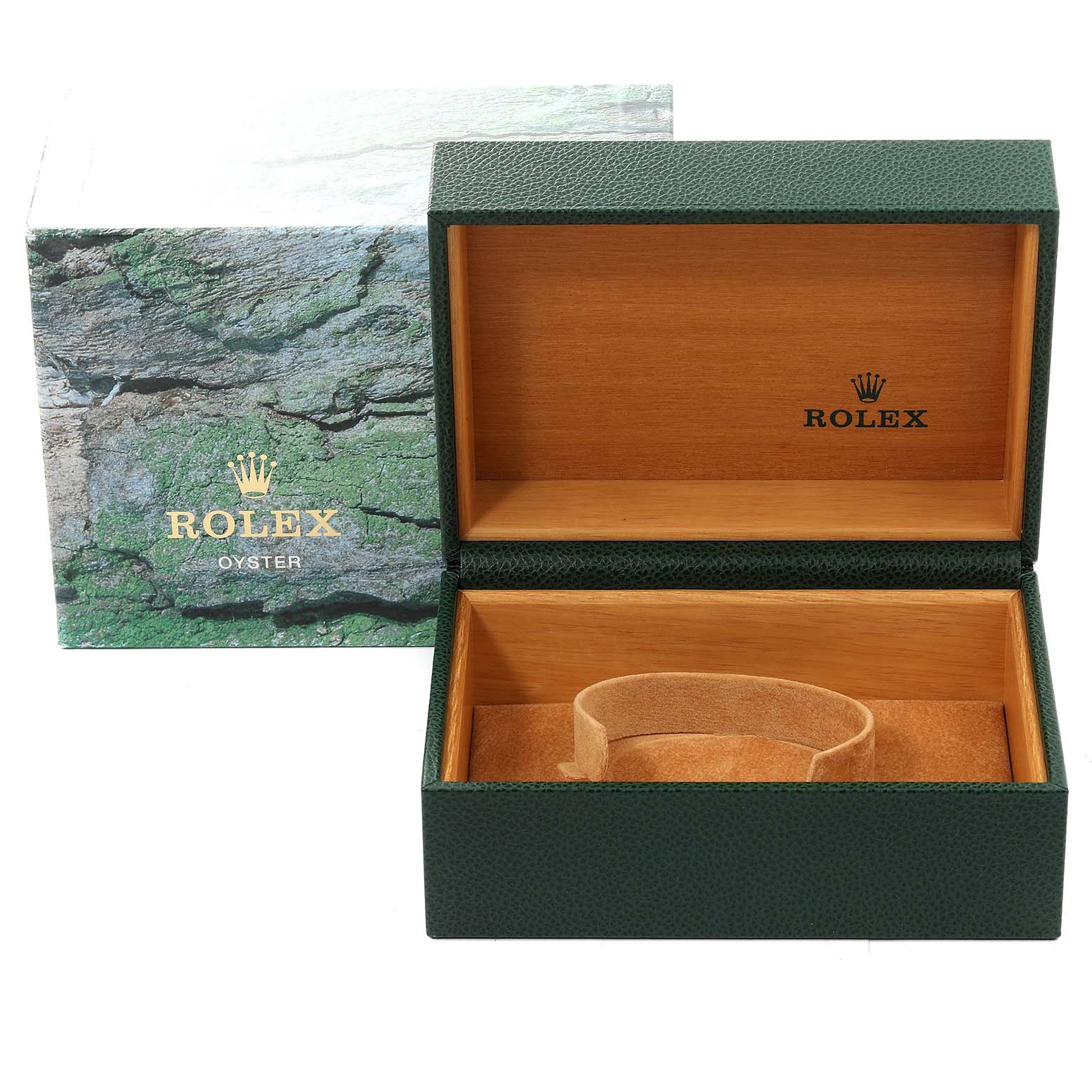 This image shows an open green and wooden Rolex box, labeled "ROLEX OYSTER," for the GMT-Master model.