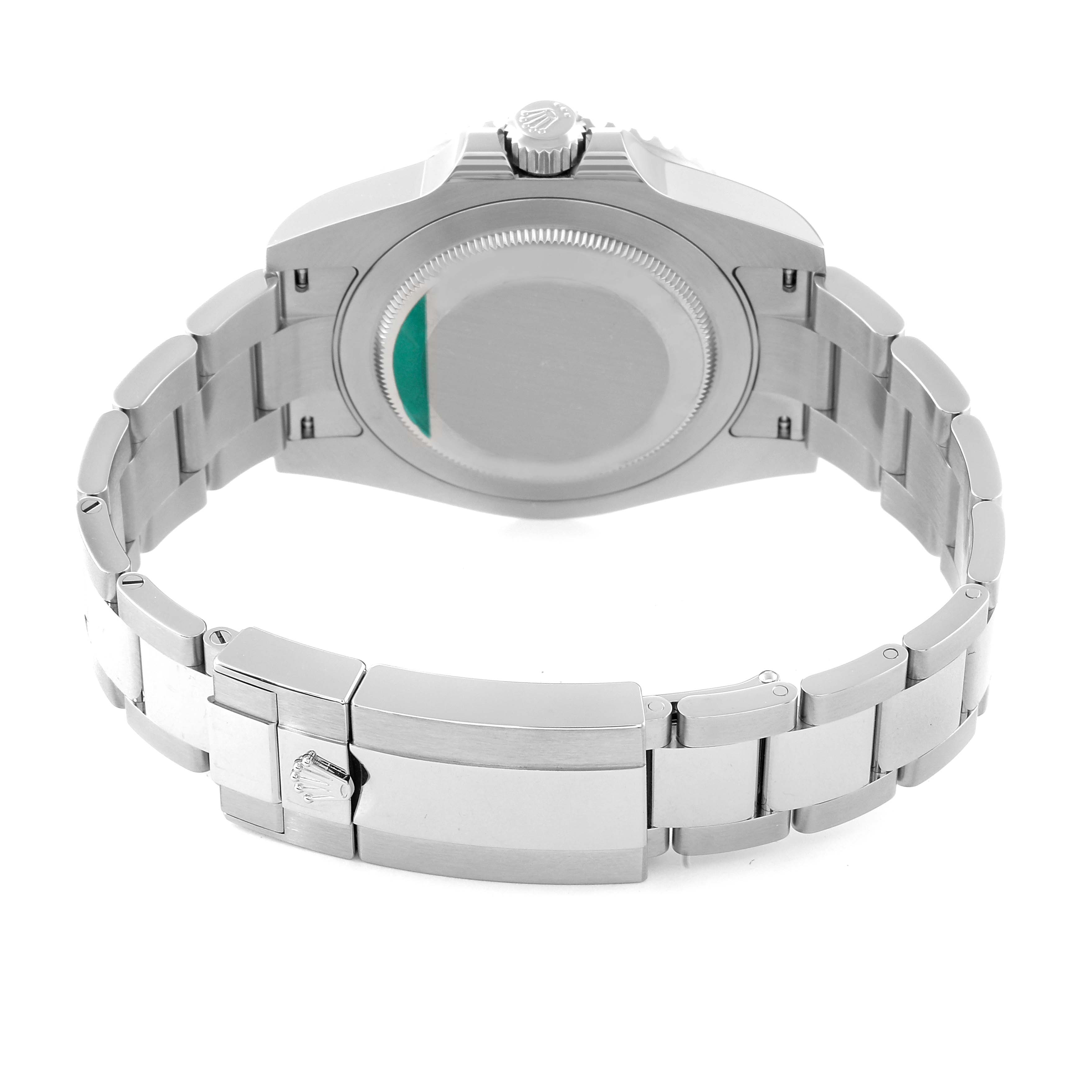 The image shows the back view of the Rolex GMT-Master 126710BLRO Men
s Stainless Steel Black Dial 126710BLRO Men
s Stainless Steel Black Dial watch with its stainless steel bracelet and clasp visible.