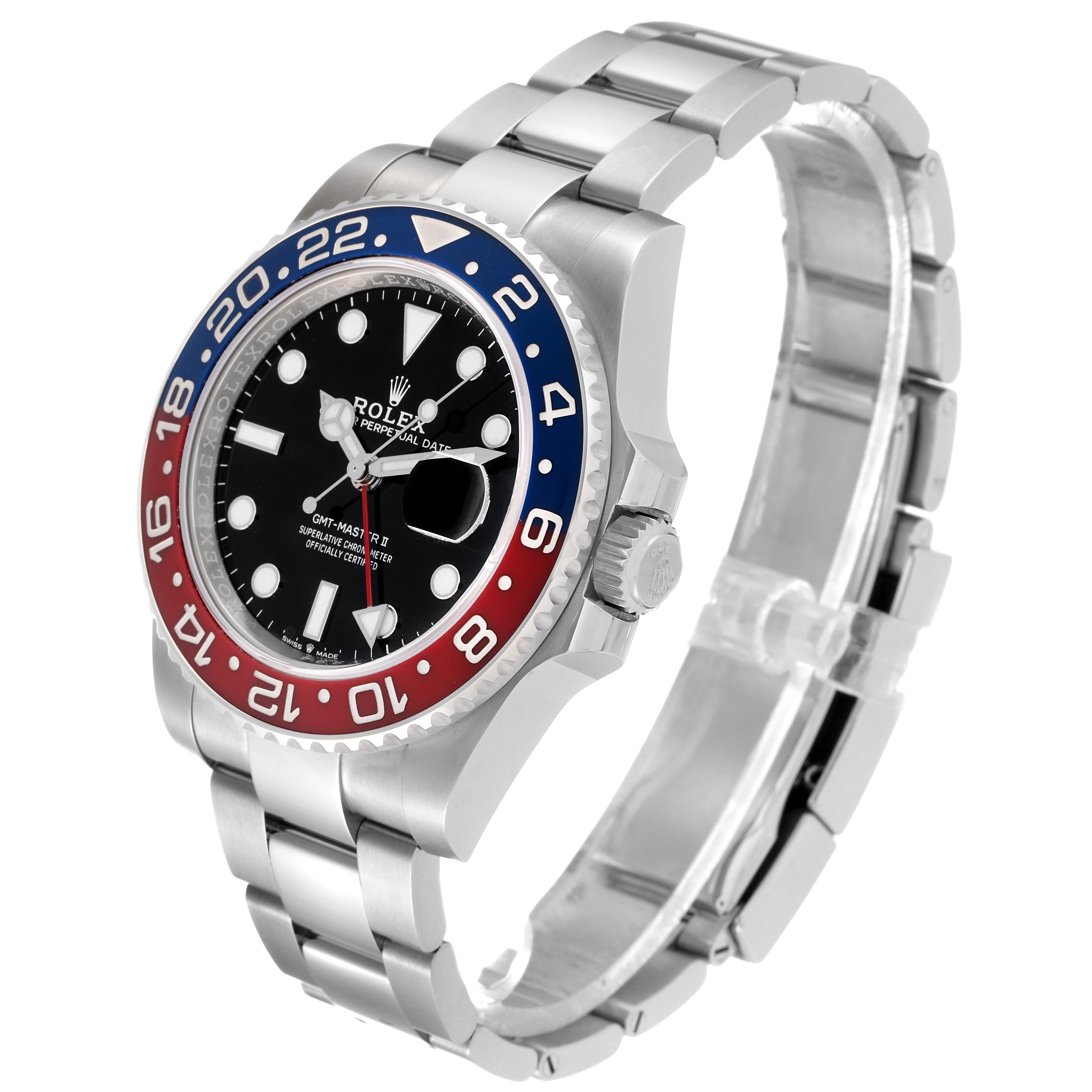 The Rolex GMT-Master 126710BLRO Men
s Stainless Steel Black Dial 126710BLRO Men
s Stainless Steel Black Dial watch is shown from an angled perspective highlighting the bezel, dial, and bracelet.