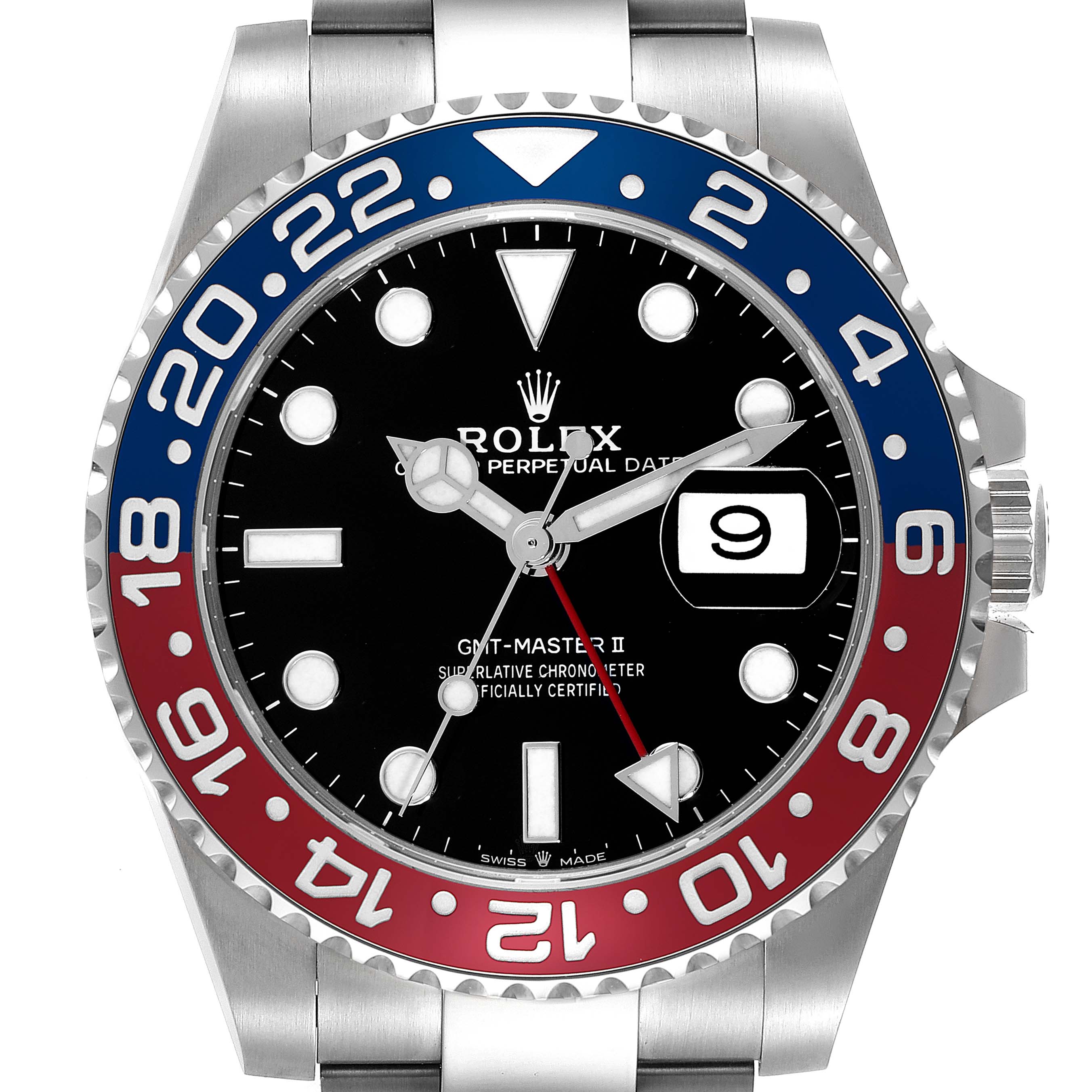 The image shows a frontal view of a Rolex GMT-Master 126710BLRO Men
s Stainless Steel Black Dial 126710BLRO Men
s Stainless Steel Black Dial II watch, highlighting its dial, bezel, and part of the bracelet.