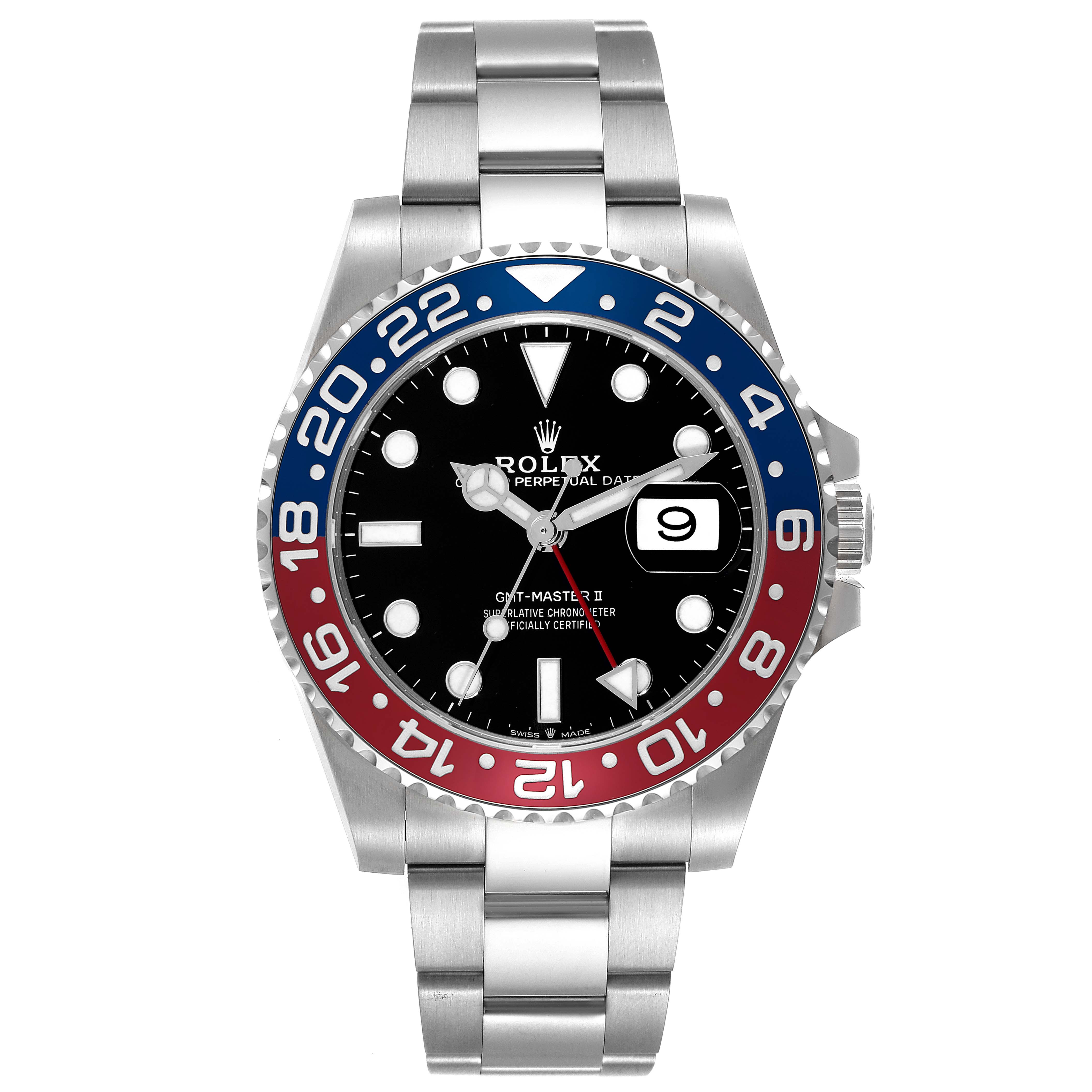The image shows a front view of a Rolex GMT-Master 126710BLRO Men
s Stainless Steel Black Dial 126710BLRO Men
s Stainless Steel Black Dial watch, displaying the dial, bezel, and bracelet.