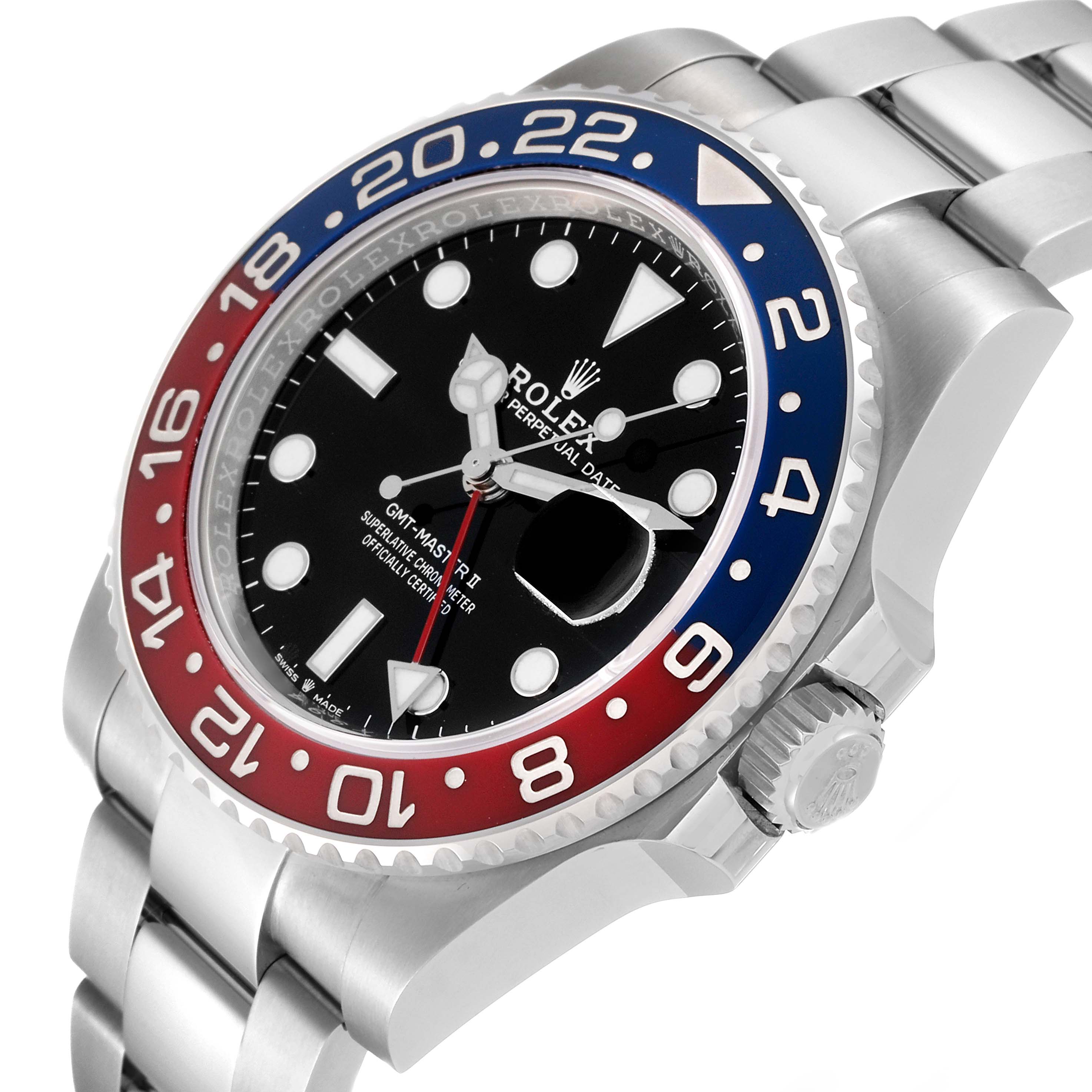 This is a side-angle view of the Rolex GMT-Master 126710BLRO Men
s Stainless Steel Black Dial 126710BLRO Men
s Stainless Steel Black Dial watch, showing the bezel, dial, bracelet, and crown.