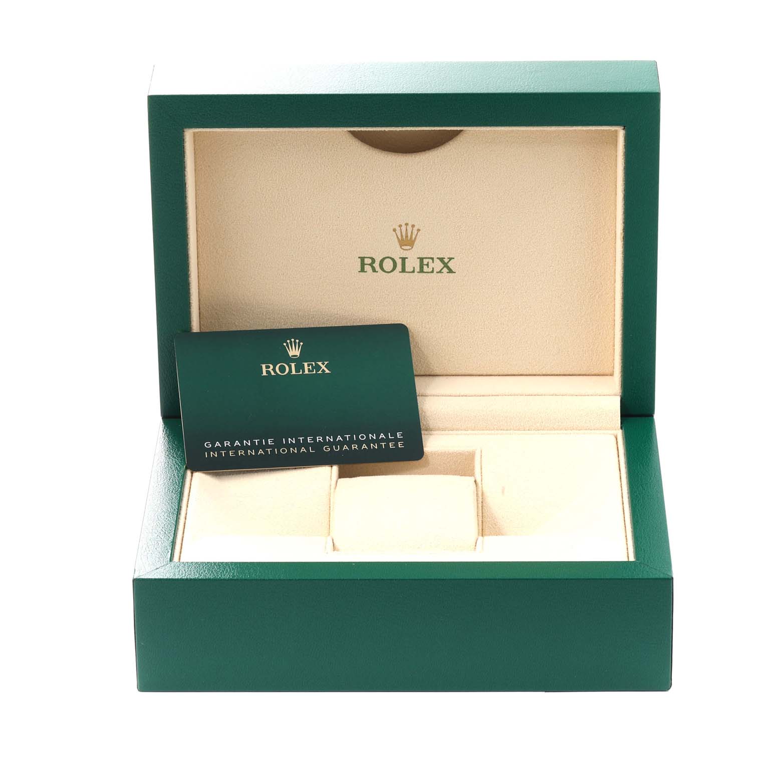 The image shows an open Rolex GMT-Master 126710BLRO Men
s Stainless Steel Black Dial 126710BLRO Men
s Stainless Steel Black Dial watch box with its international guarantee card displayed inside.