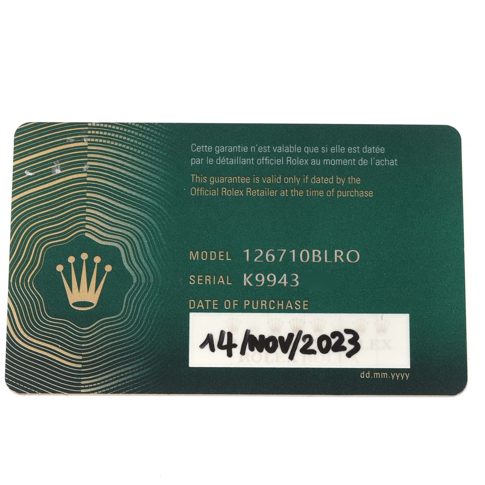 This image shows the guarantee card for a Rolex GMT-Master 126710BLRO Men
s Stainless Steel Black Dial 126710BLRO Men
s Stainless Steel Black Dial model 126710BLRO.