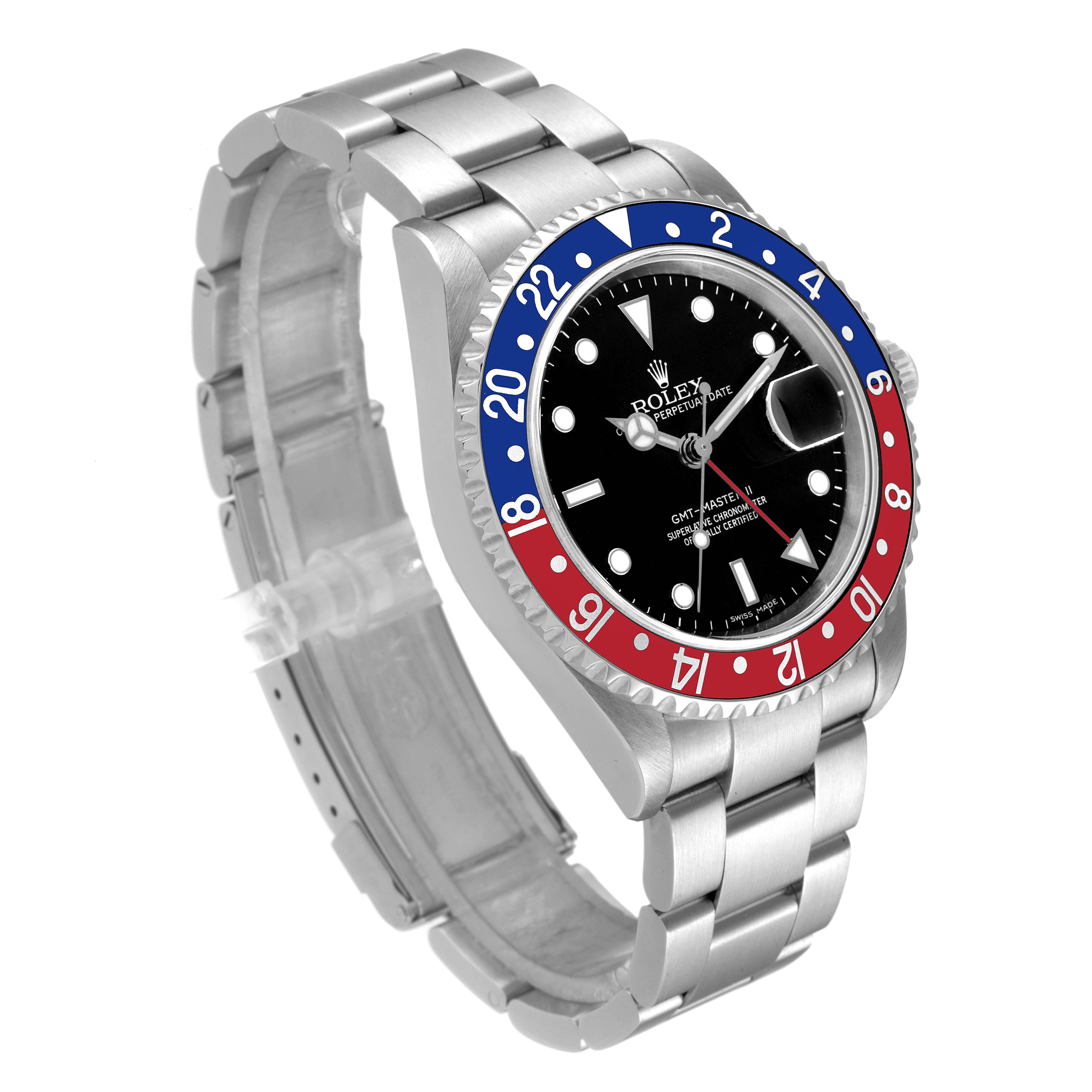 The image shows a side angle of a Rolex GMT-Master 16710 Men
s Stainless Steel Black Dial 16710 Men
s Stainless Steel Black Dial watch, highlighting the bracelet, bezel, and dial.