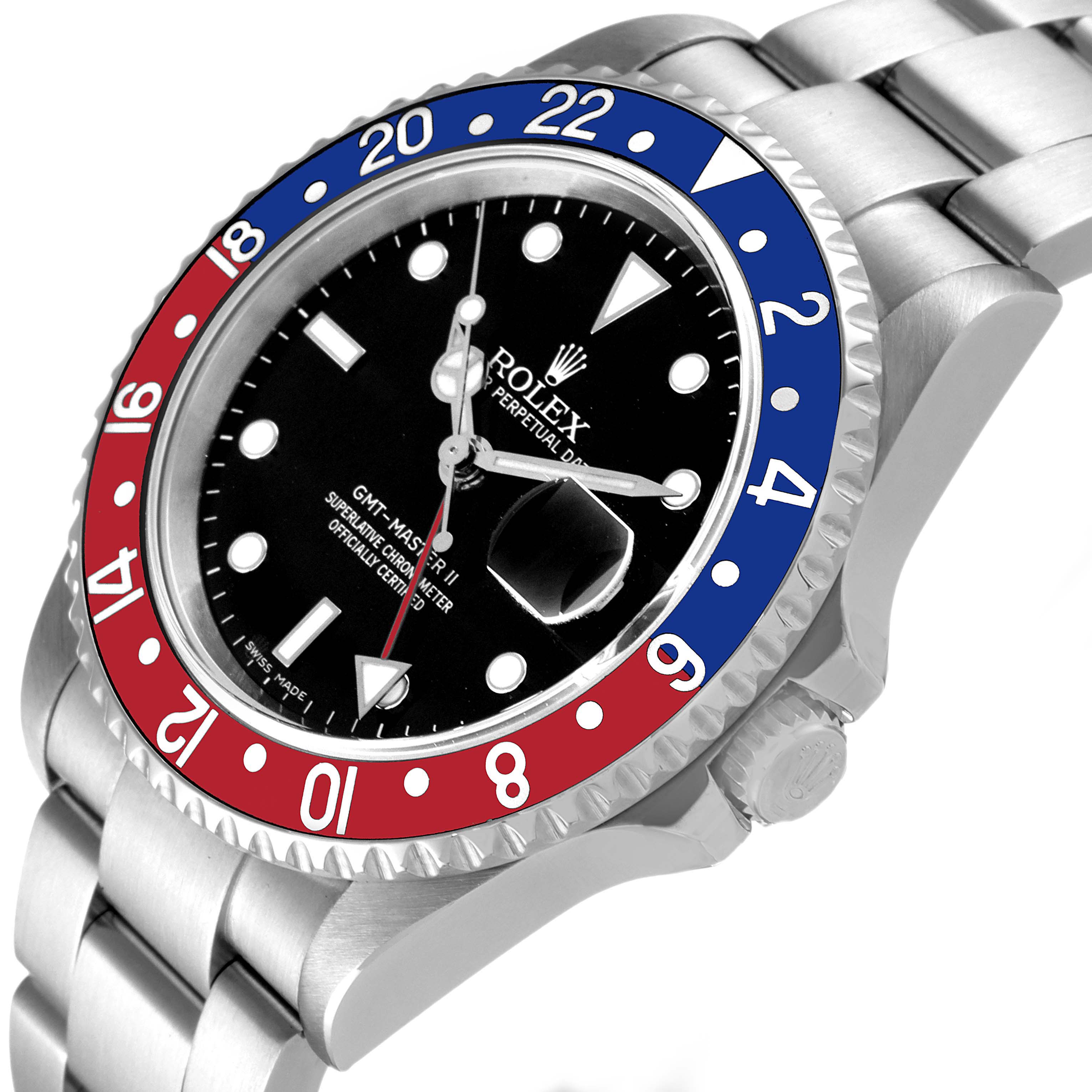 The Rolex GMT-Master 16710 Men
s Stainless Steel Black Dial 16710 Men
s Stainless Steel Black Dial watch is shown at an angle displaying the bezel, dial, hands, bracelet, and crown.
