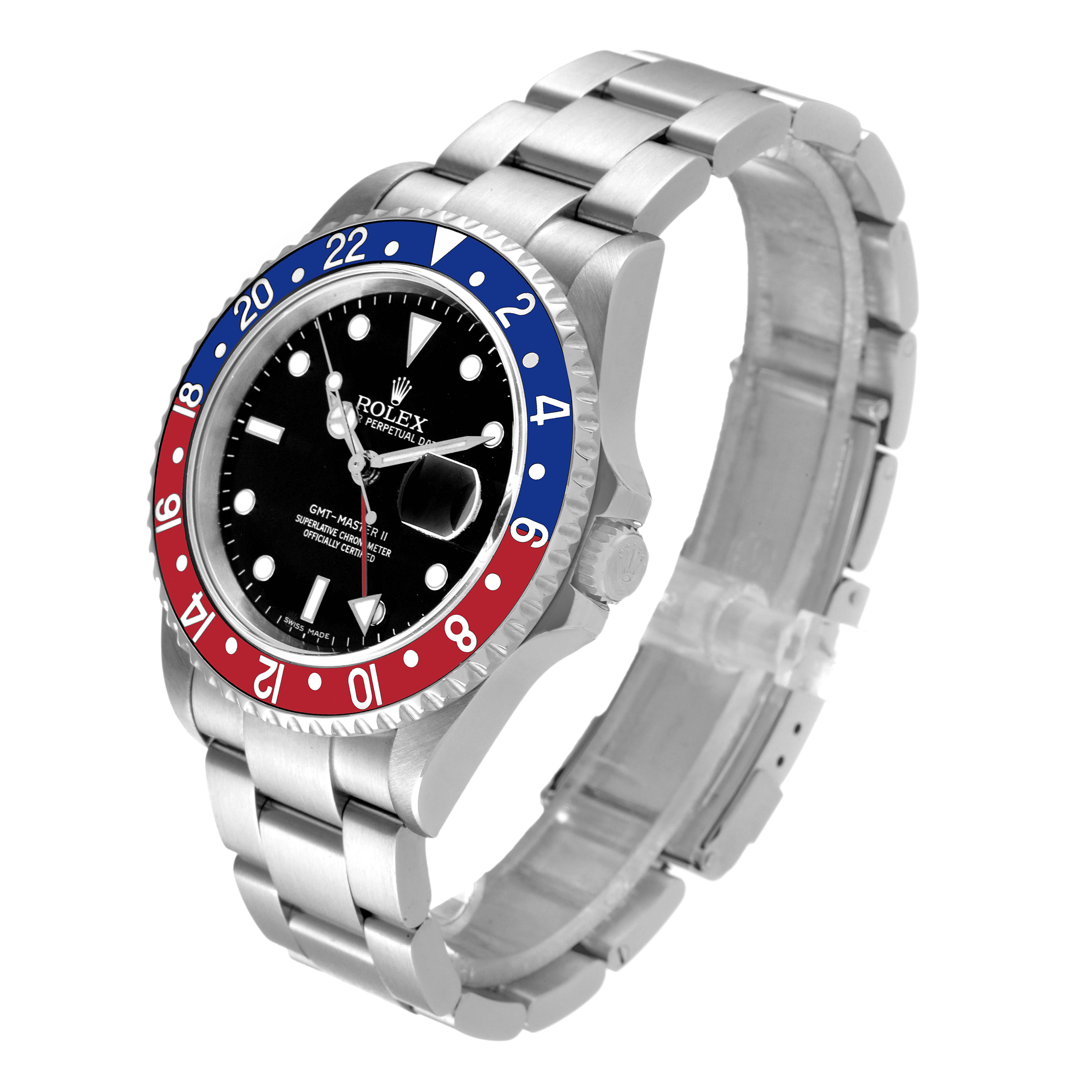 This image shows a Rolex GMT-Master 16710 Men
s Stainless Steel Black Dial 16710 Men
s Stainless Steel Black Dial watch at a slight angle, highlighting the bezel, face, and bracelet.