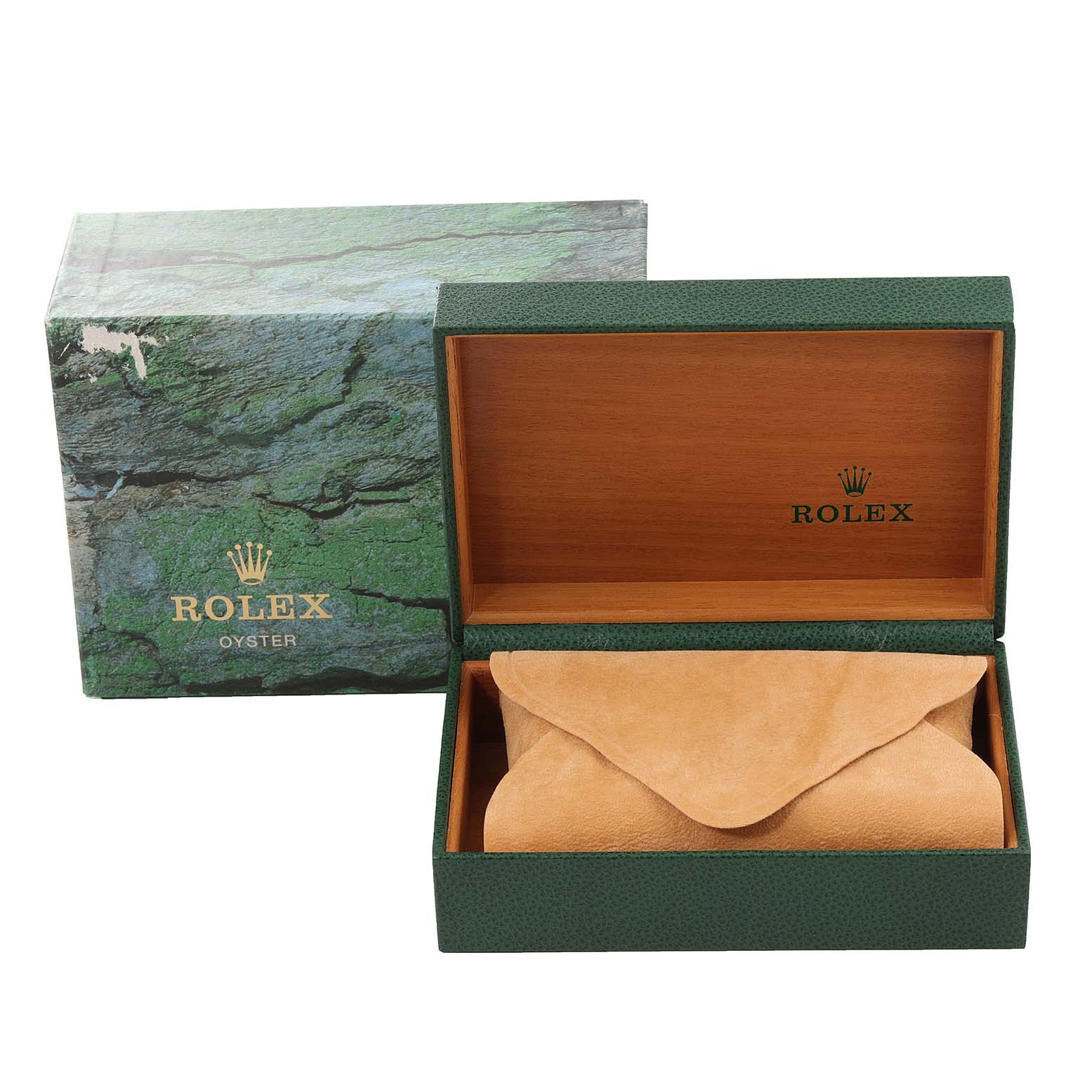 The image shows a Rolex GMT-Master 16710 Men
s Stainless Steel Black Dial 16710 Men
s Stainless Steel Black Dial model watch box and case viewed from the front, with the inner suede pouch visible.