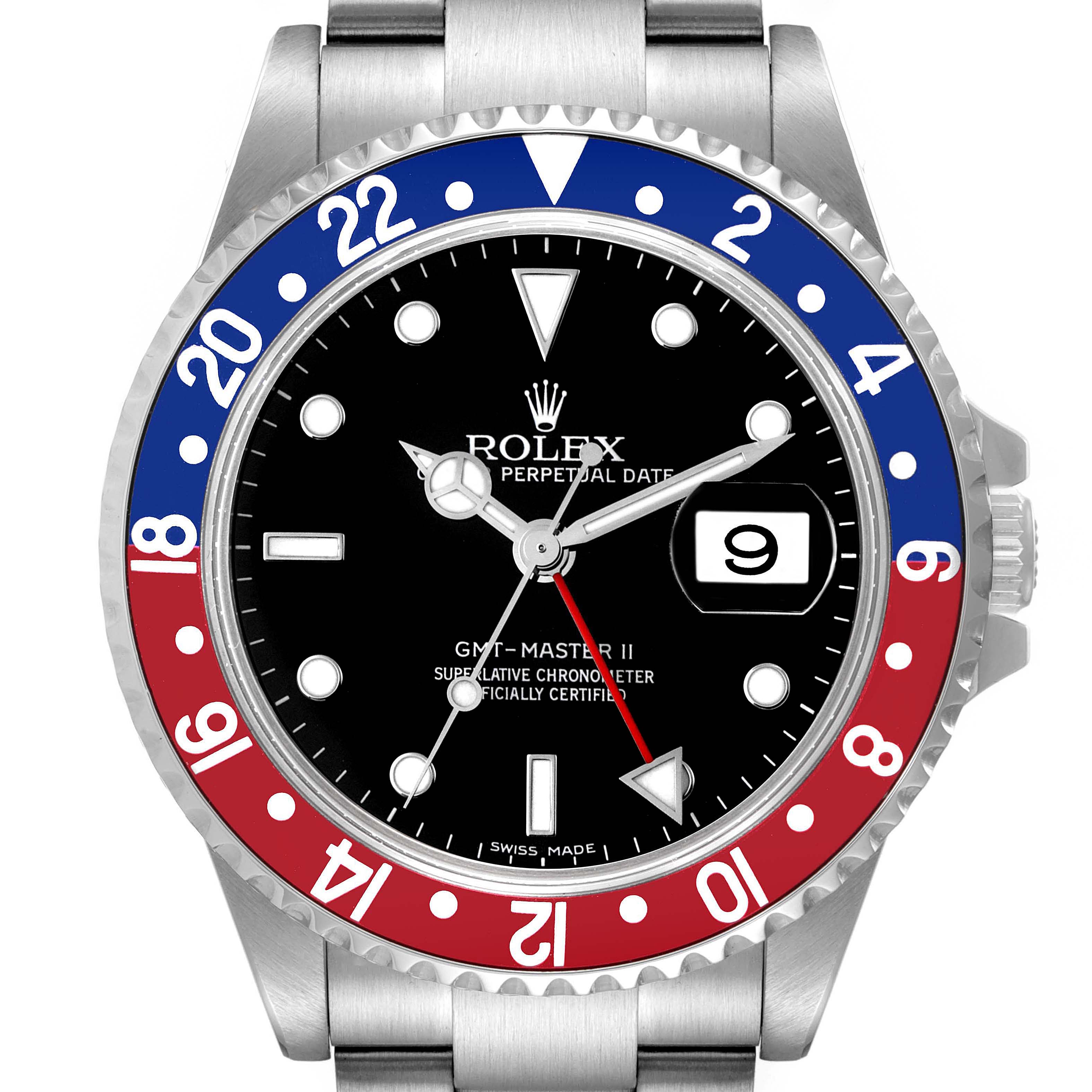 The image shows a front view of a Rolex GMT-Master 16710 Men
s Stainless Steel Black Dial 16710 Men
s Stainless Steel Black Dial II watch, highlighting its bezel, dial, hands, and date window.