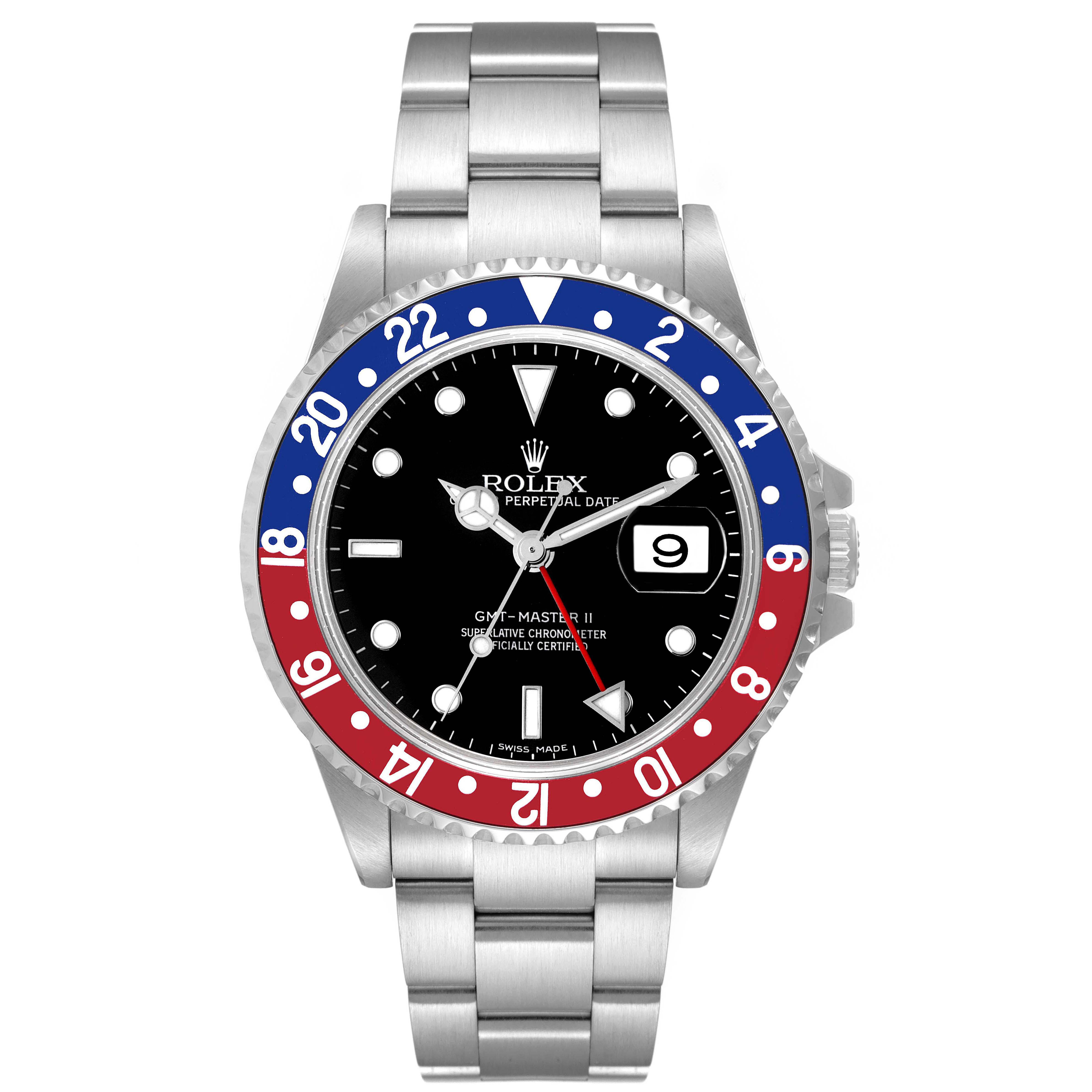 This image shows a front view of the Rolex GMT-Master 16710 Men
s Stainless Steel Black Dial 16710 Men
s Stainless Steel Black Dial watch with a stainless steel bracelet and a red and blue bezel.