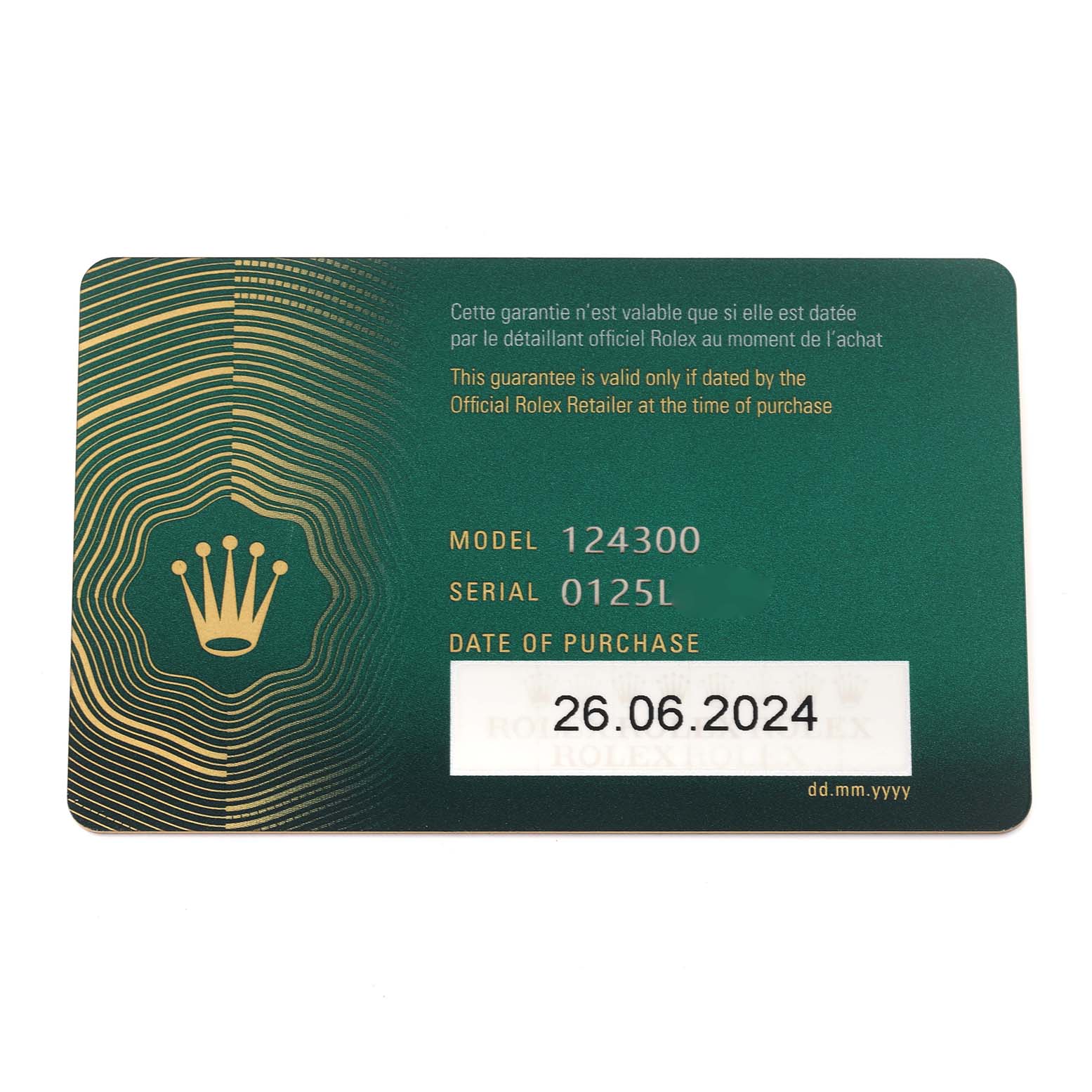 The image shows a warranty card for the Rolex Oyster Perpetual 124300 Men's Stainless Steel Black Dial 124300 Men's Stainless Steel Black Dial, detailing model and serial numbers, along with the purchase date.