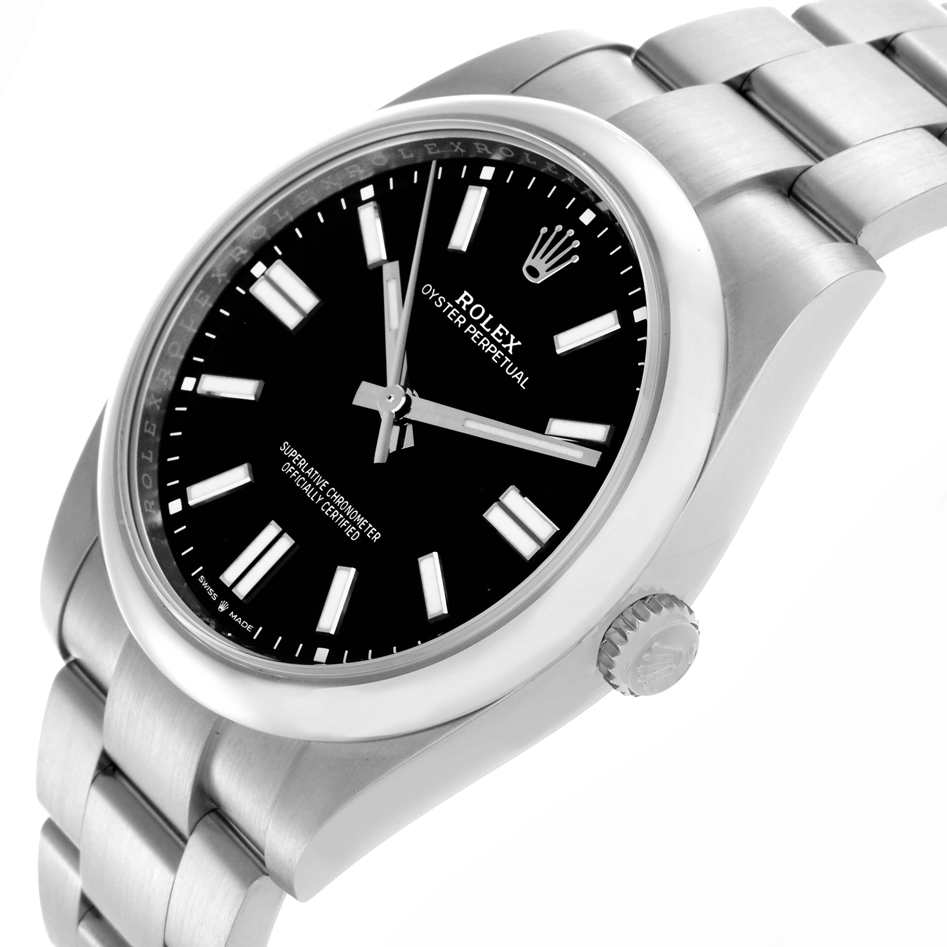 The Rolex Oyster Perpetual 124300 Men's Stainless Steel Black Dial 124300 Men's Stainless Steel Black Dial watch is shown at a tilted angle, highlighting the black dial, bezel, crown, and bracelet.