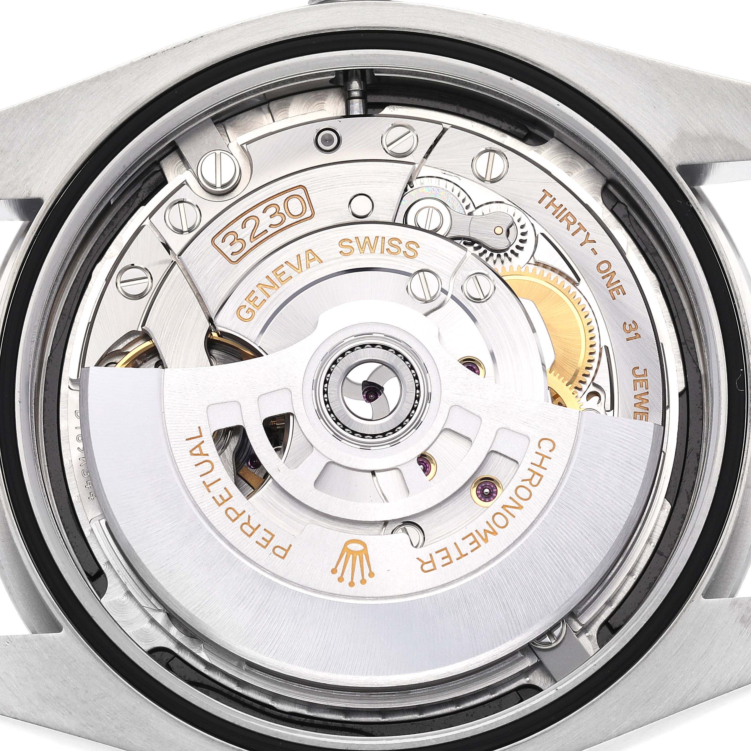 The image shows the Rolex Oyster Perpetual 124300 Men's Stainless Steel Black Dial 124300 Men's Stainless Steel Black Dial's movement from the back, highlighting the rotor and intricate internal components.