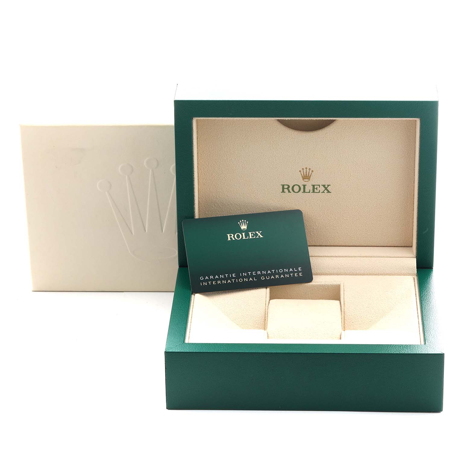 The image shows the packaging and international guarantee card for a Rolex Oyster Perpetual 124300 Men's Stainless Steel Black Dial 124300 Men's Stainless Steel Black Dial watch.