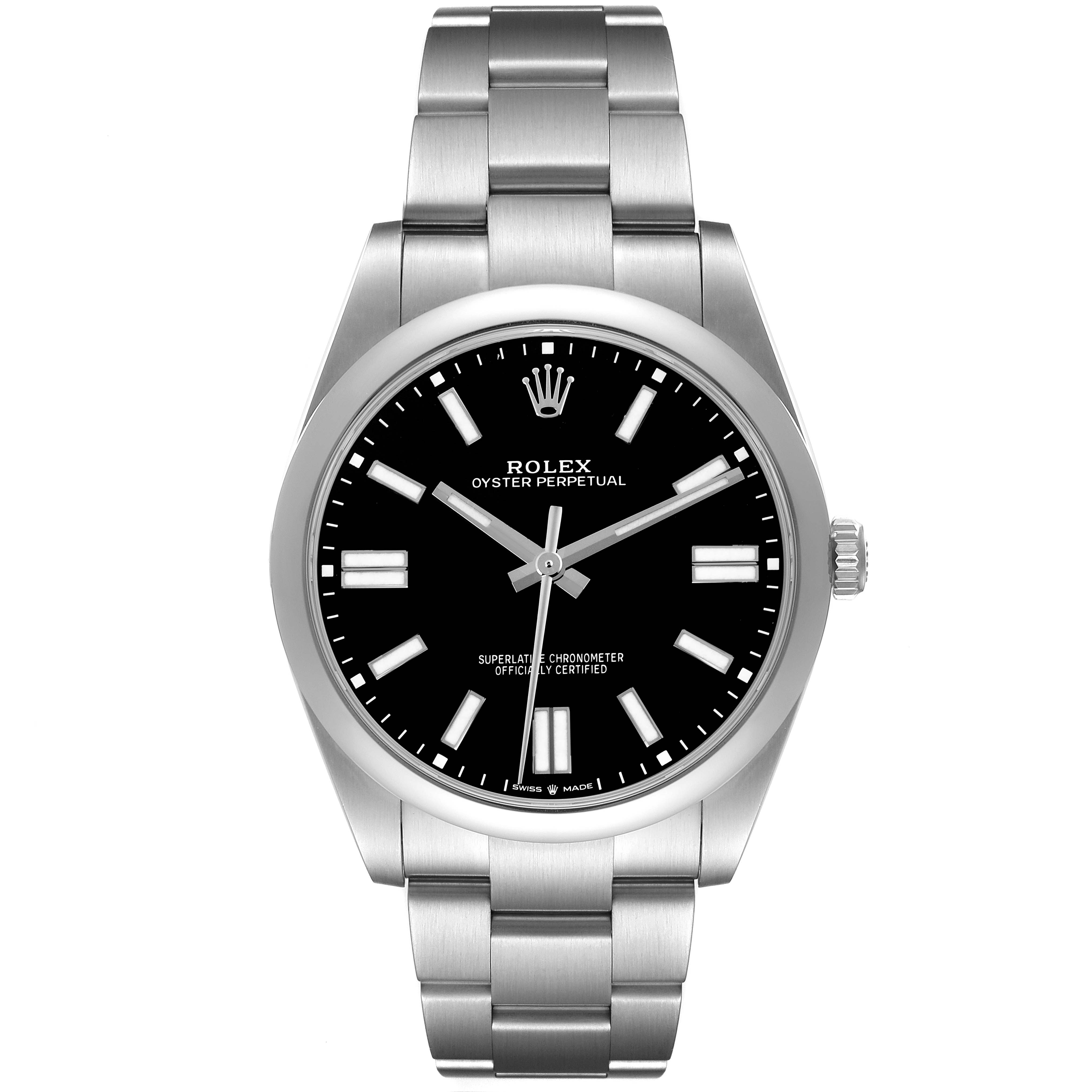 The Rolex Oyster Perpetual 124300 Men's Stainless Steel Black Dial 124300 Men's Stainless Steel Black Dial watch is shown from a front angle, displaying the face, bezel, and bracelet.