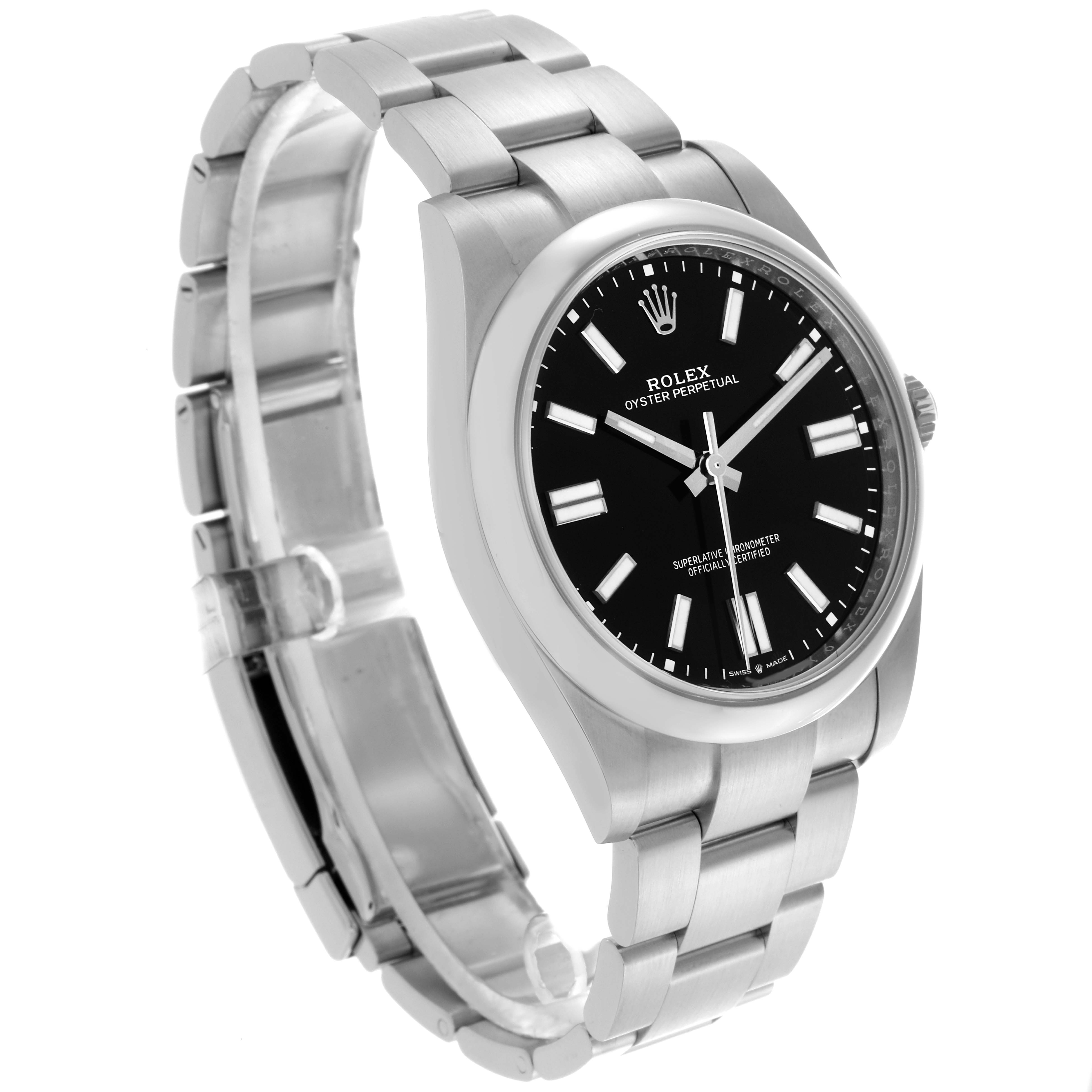 The Rolex Oyster Perpetual 124300 Men's Stainless Steel Black Dial 124300 Men's Stainless Steel Black Dial watch is shown at an angle highlighting the black dial, markers, case, and bracelet.