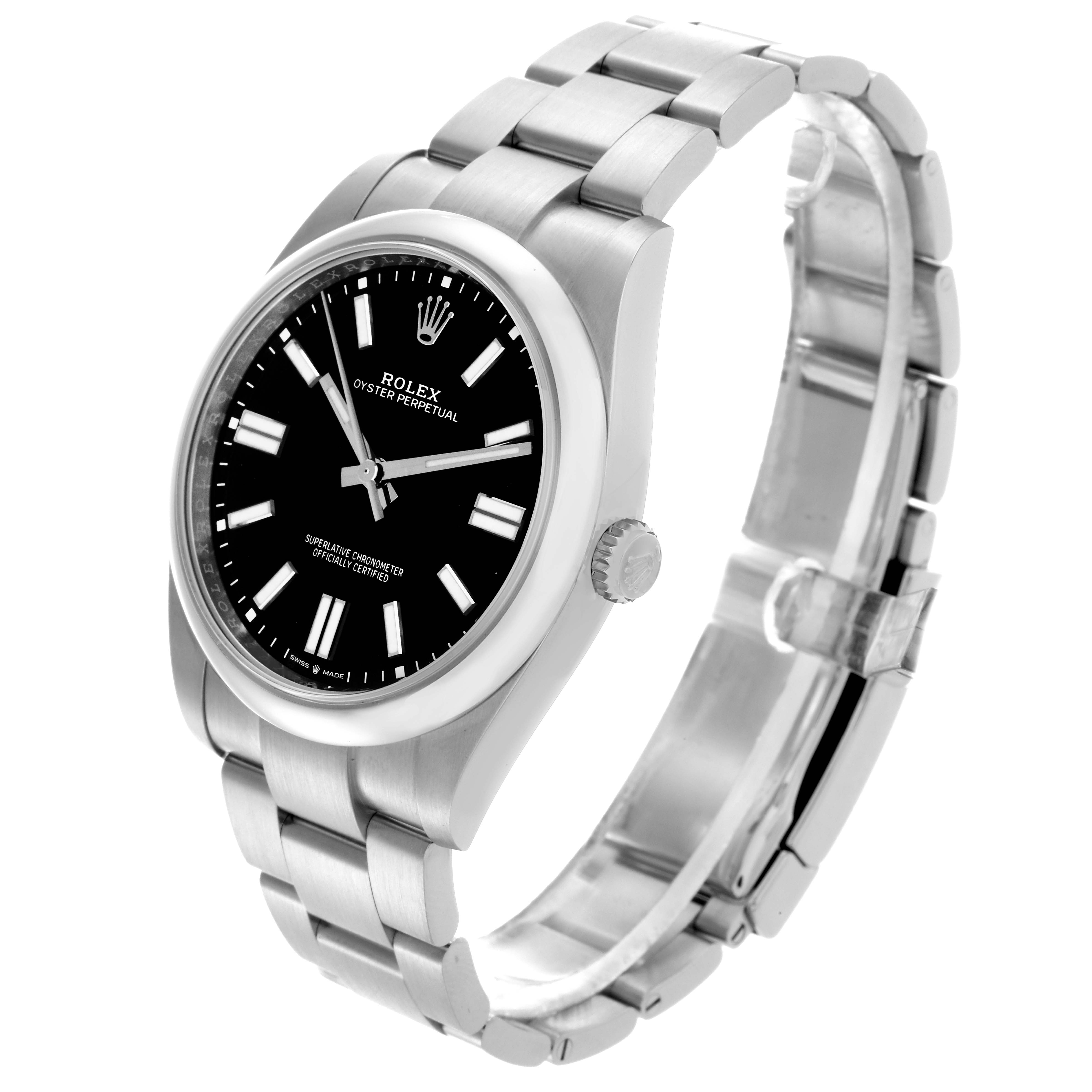 The Rolex Oyster Perpetual 124300 Men's Stainless Steel Black Dial 124300 Men's Stainless Steel Black Dial is shown at a three-quarter angle, displaying the face, bezel, crown, and bracelet links.