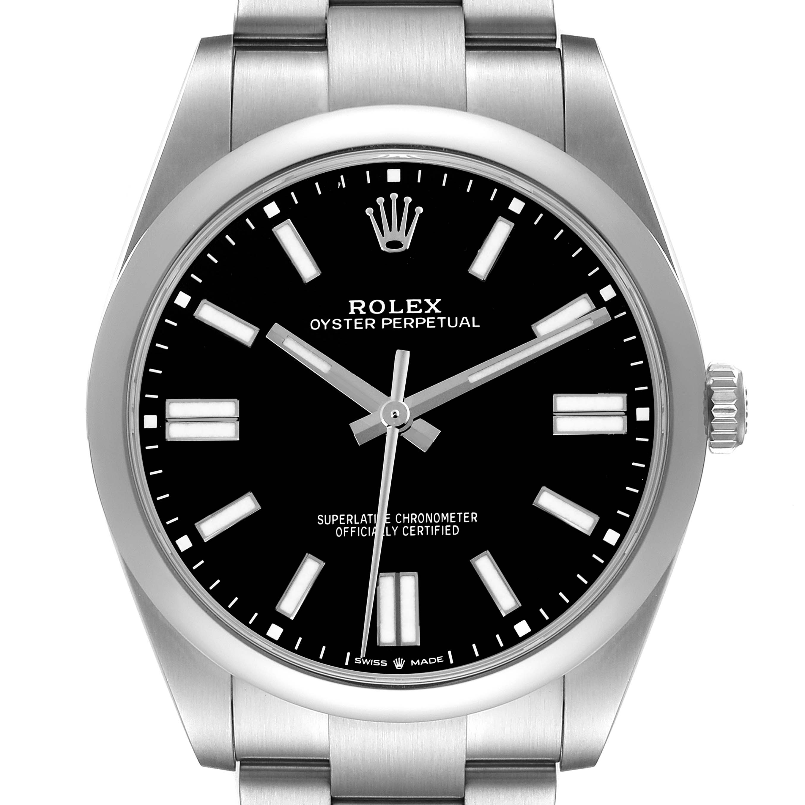The Rolex Oyster Perpetual 124300 Men's Stainless Steel Black Dial 124300 Men's Stainless Steel Black Dial watch is shown from a front angle, clearly displaying the dial, hands, and part of the bracelet.