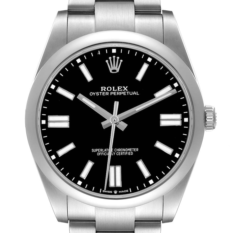 The Rolex Oyster Perpetual watch is shown from a front angle, clearly displaying the dial, hands, and part of the bracelet.