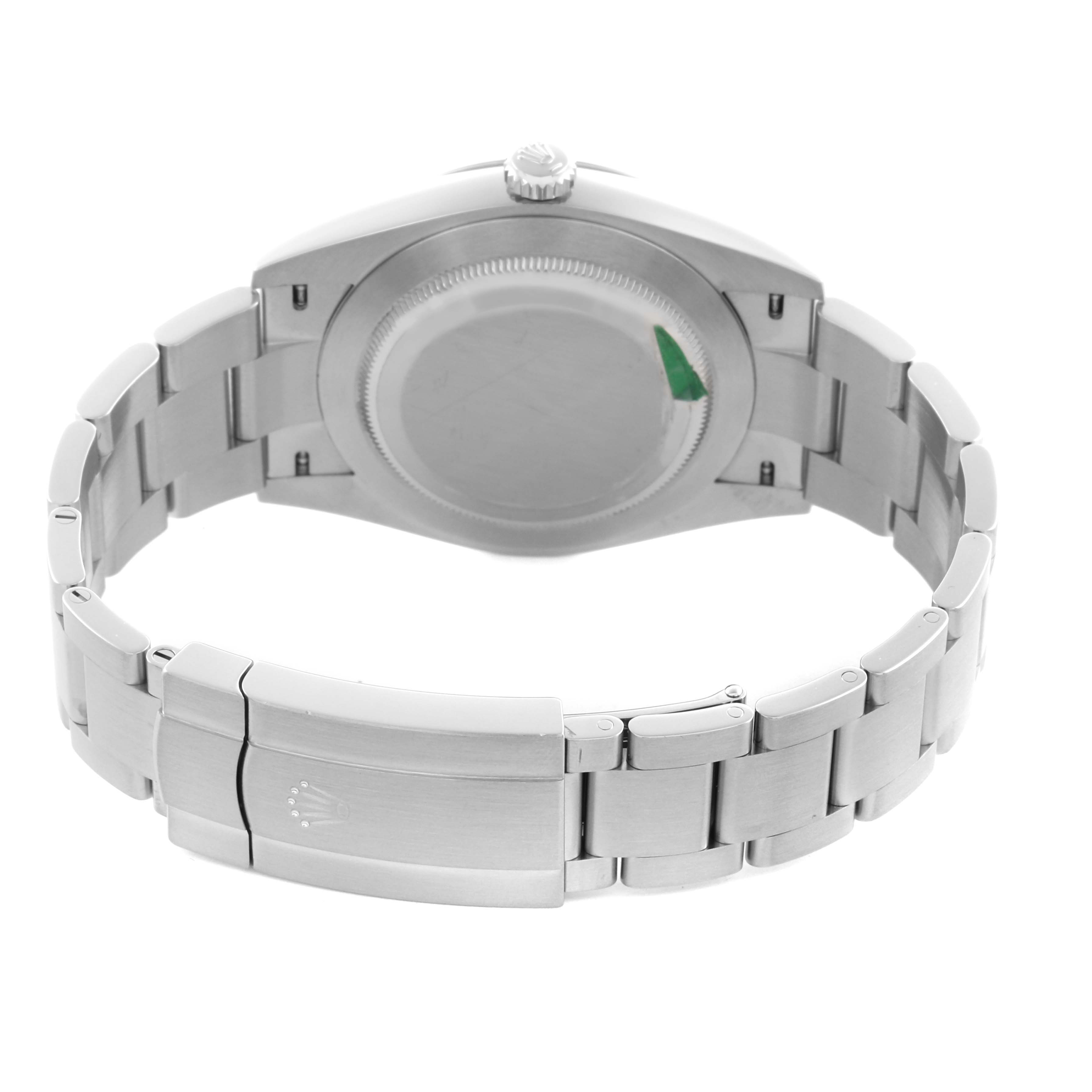 The image shows the back view of the Rolex Oyster Perpetual 124300 Men's Stainless Steel Black Dial 124300 Men's Stainless Steel Black Dial, highlighting the case back, bracelet, and clasp.