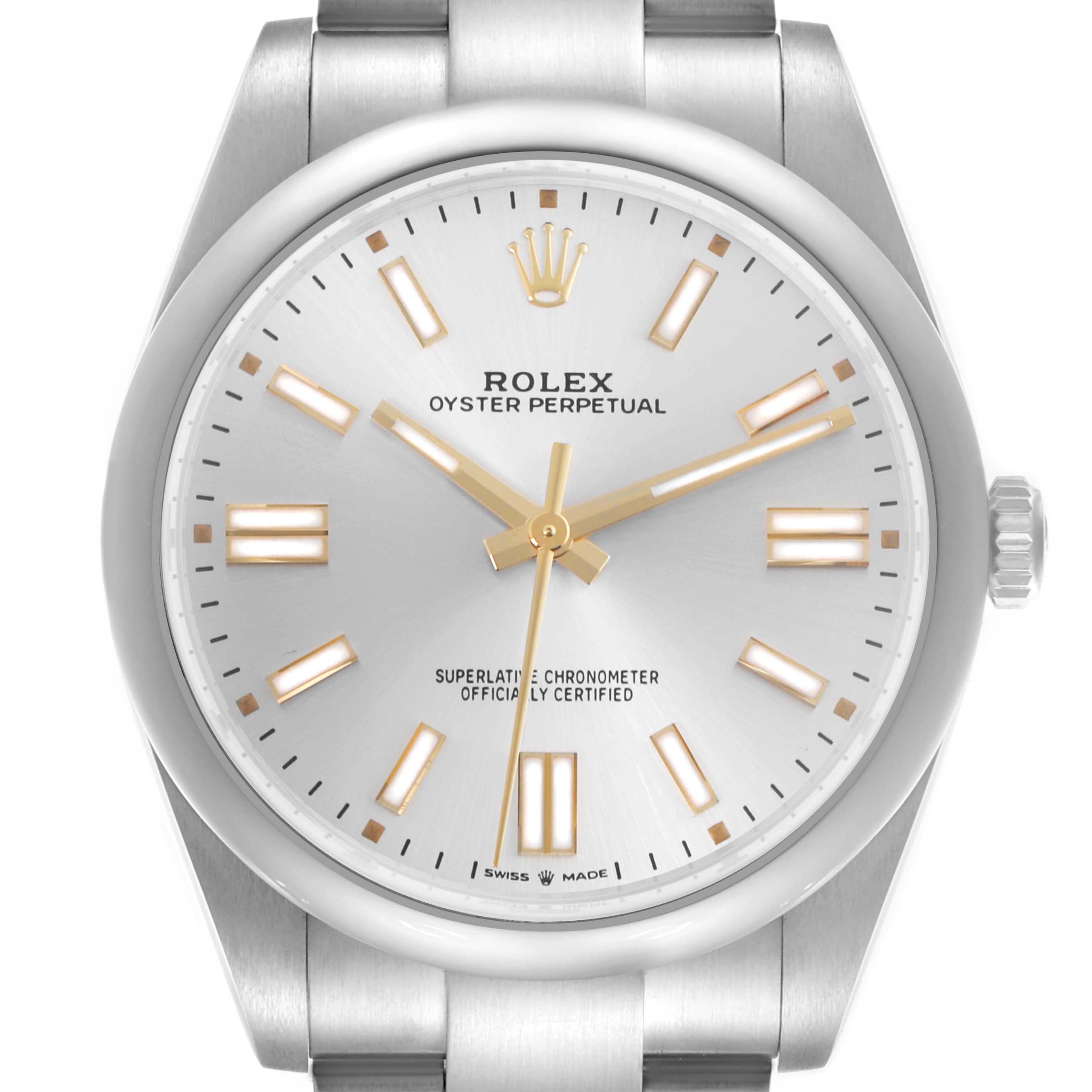 The Rolex Oyster Perpetual 124300 Men's Stainless Steel Silver Dial 124300 Men's Stainless Steel Silver Dial watch is shown from a frontal angle, displaying the face, bezel, and part of the bracelet.