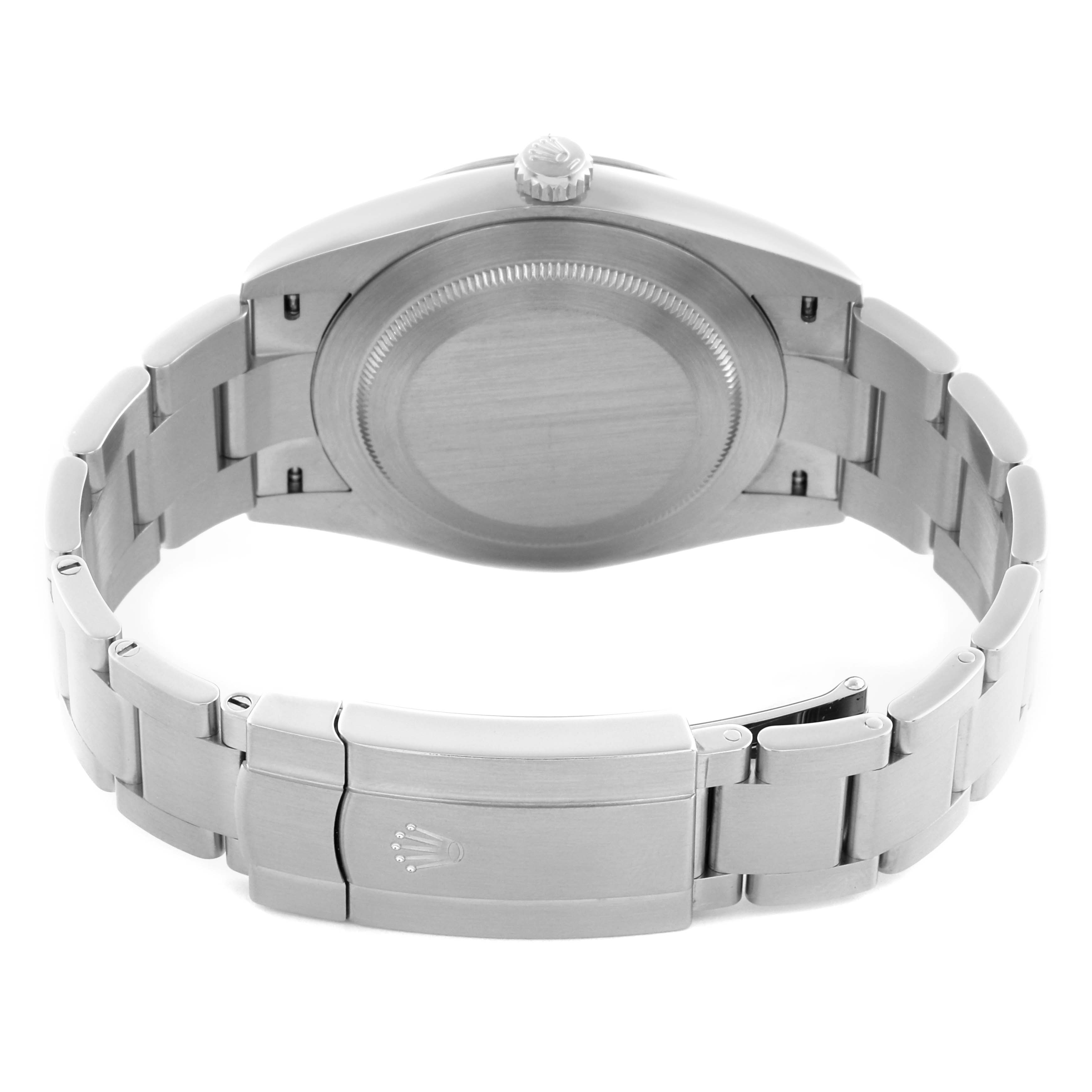 The Rolex Oyster Perpetual 124300 Men's Stainless Steel Silver Dial 124300 Men's Stainless Steel Silver Dial watch is shown from the back, highlighting the bracelet, clasp, and case back.
