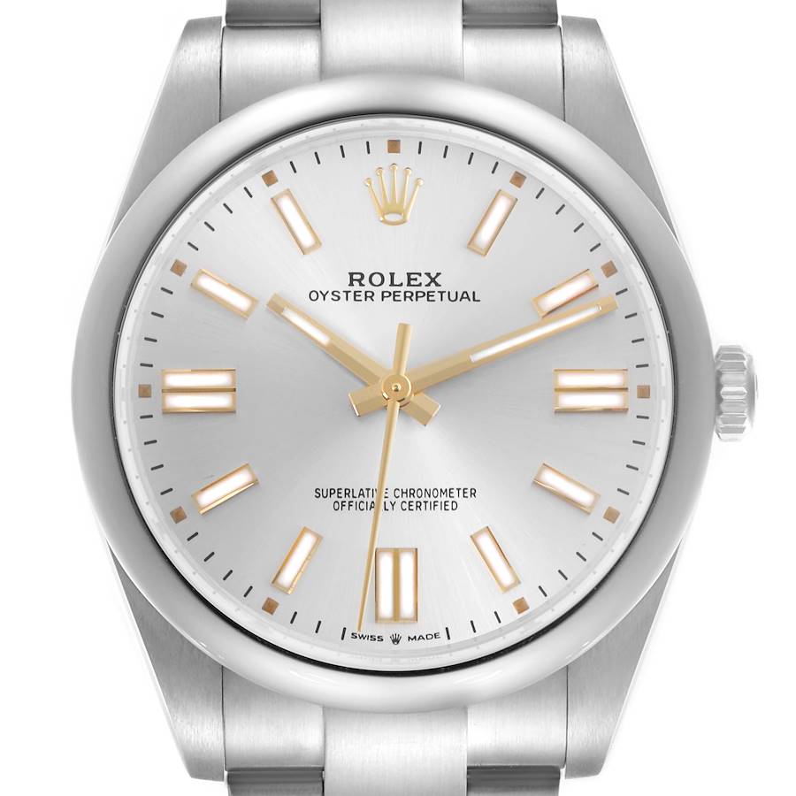 This image shows a frontal view of the Rolex Oyster Perpetual watch, highlighting the face, hands, markers, and part of the bracelet.