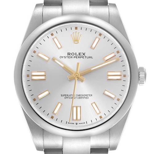 The Rolex Oyster Perpetual watch is shown from a frontal angle, displaying its dial, hands, bezel, crown, and bracelet.