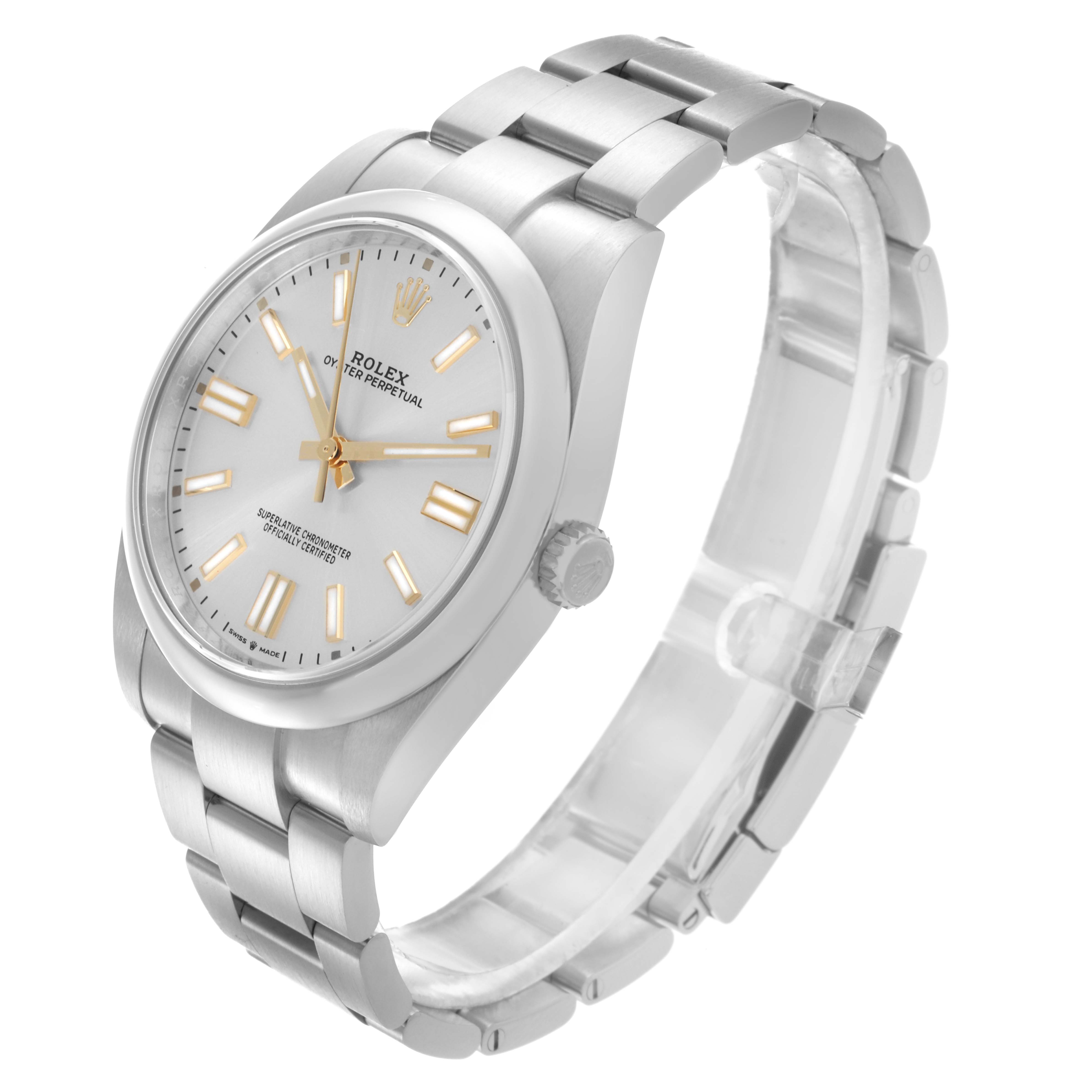 The Rolex Oyster Perpetual 124300 Men's Stainless Steel Silver Dial 124300 Men's Stainless Steel Silver Dial watch is shown at a three-quarter angle, displaying the dial, bracelet, and crown.