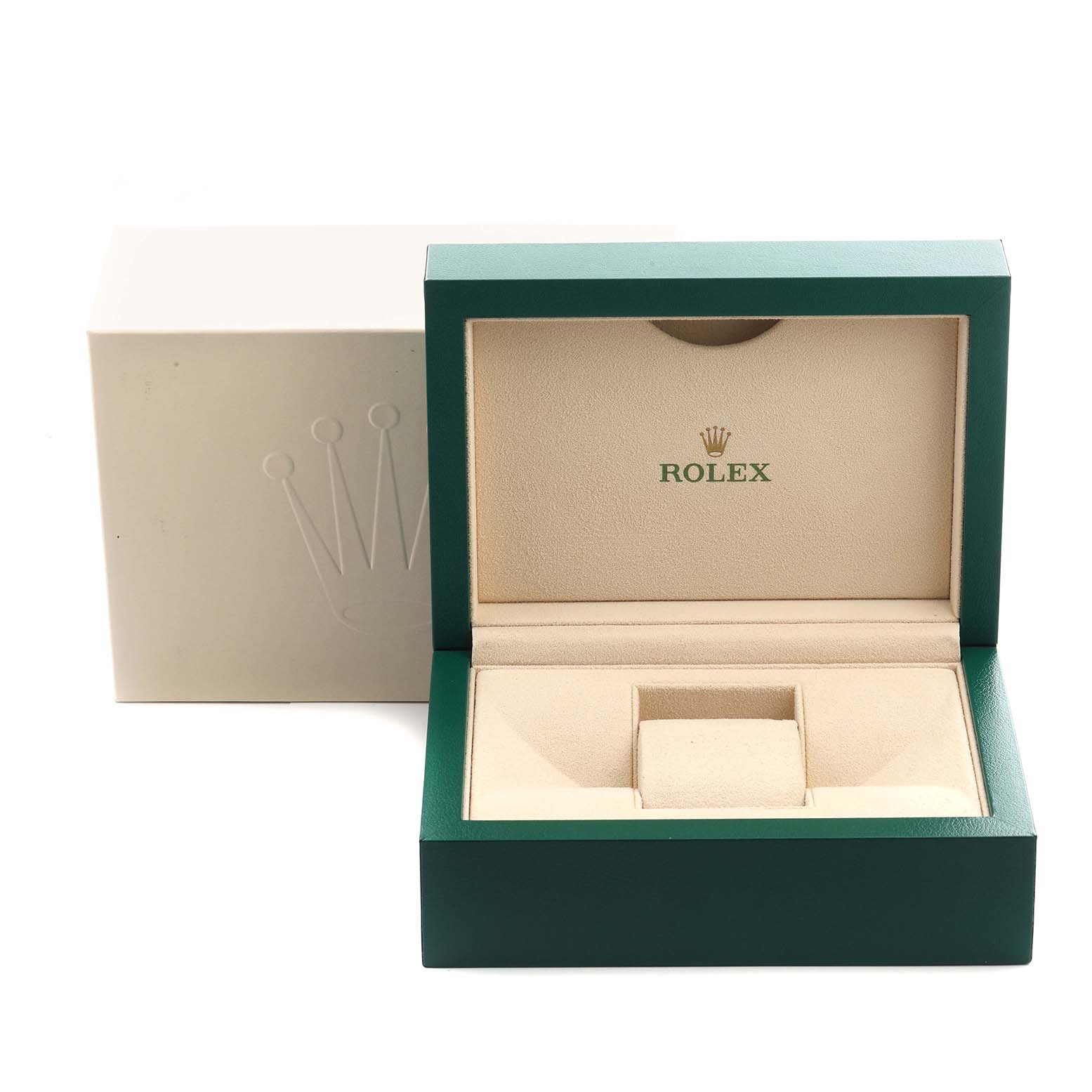 The image shows the open green and beige box for the Rolex Oyster Perpetual 124300 Men's Stainless Steel Silver Dial 124300 Men's Stainless Steel Silver Dial, with the exterior white sleeve beside it.