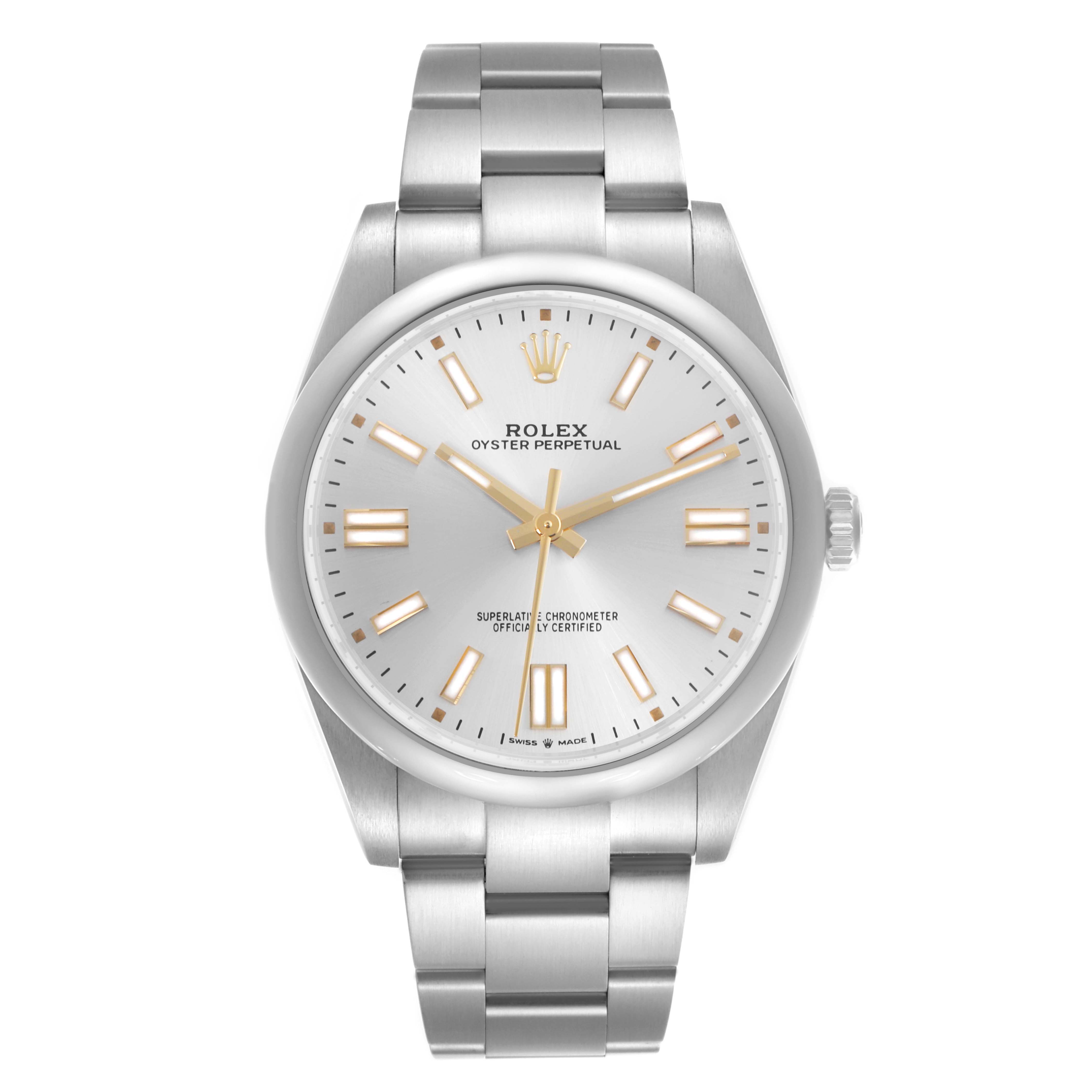 The Rolex Oyster Perpetual 124300 Men's Stainless Steel Silver Dial 124300 Men's Stainless Steel Silver Dial watch is shown from a front angle, displaying the dial, bracelet, and crown.