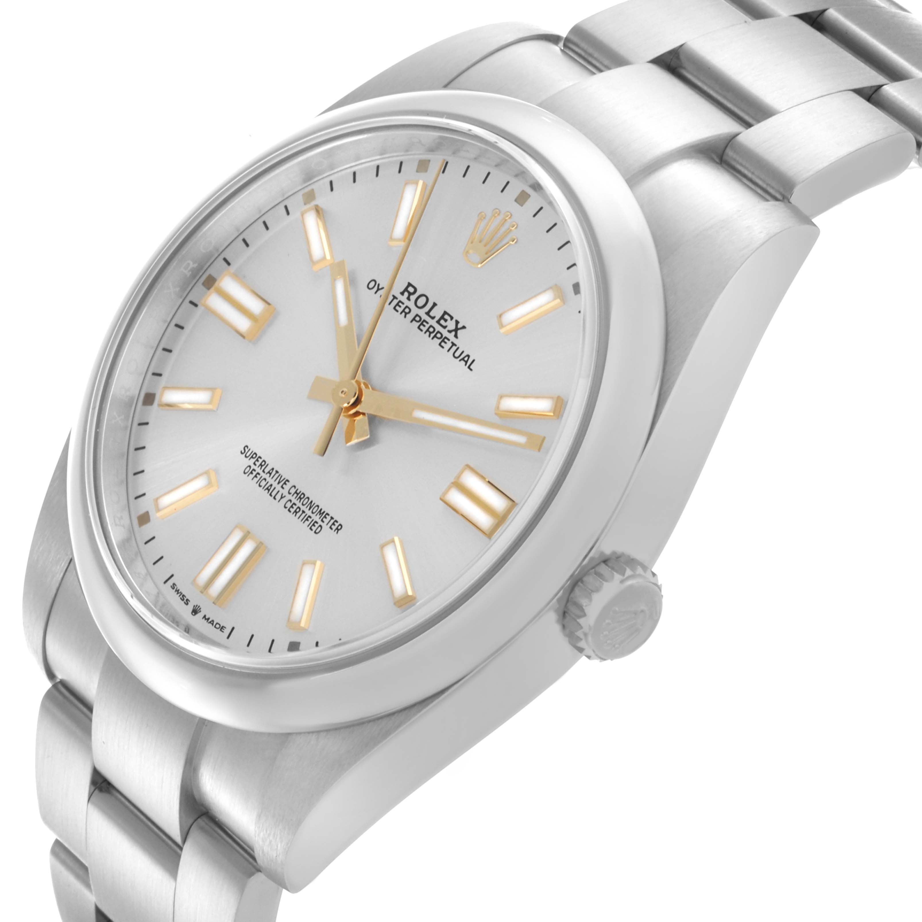 The Rolex Oyster Perpetual 124300 Men's Stainless Steel Silver Dial 124300 Men's Stainless Steel Silver Dial watch is shown at an angled side view, highlighting the dial and part of the bracelet.