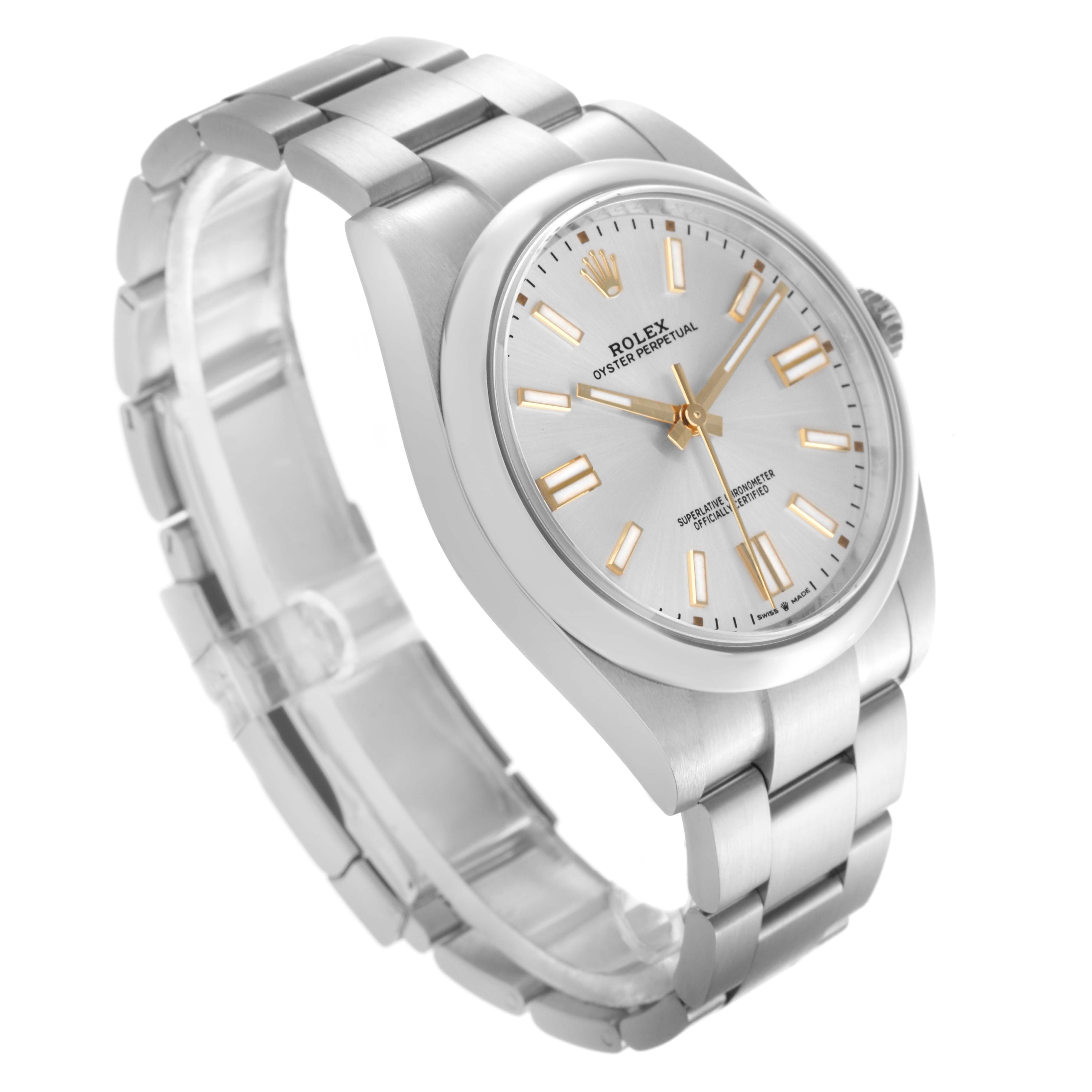 The Rolex Oyster Perpetual 124300 Men's Stainless Steel Silver Dial 124300 Men's Stainless Steel Silver Dial watch is shown at a three-quarter angle, displaying the face, bezel, and bracelet.
