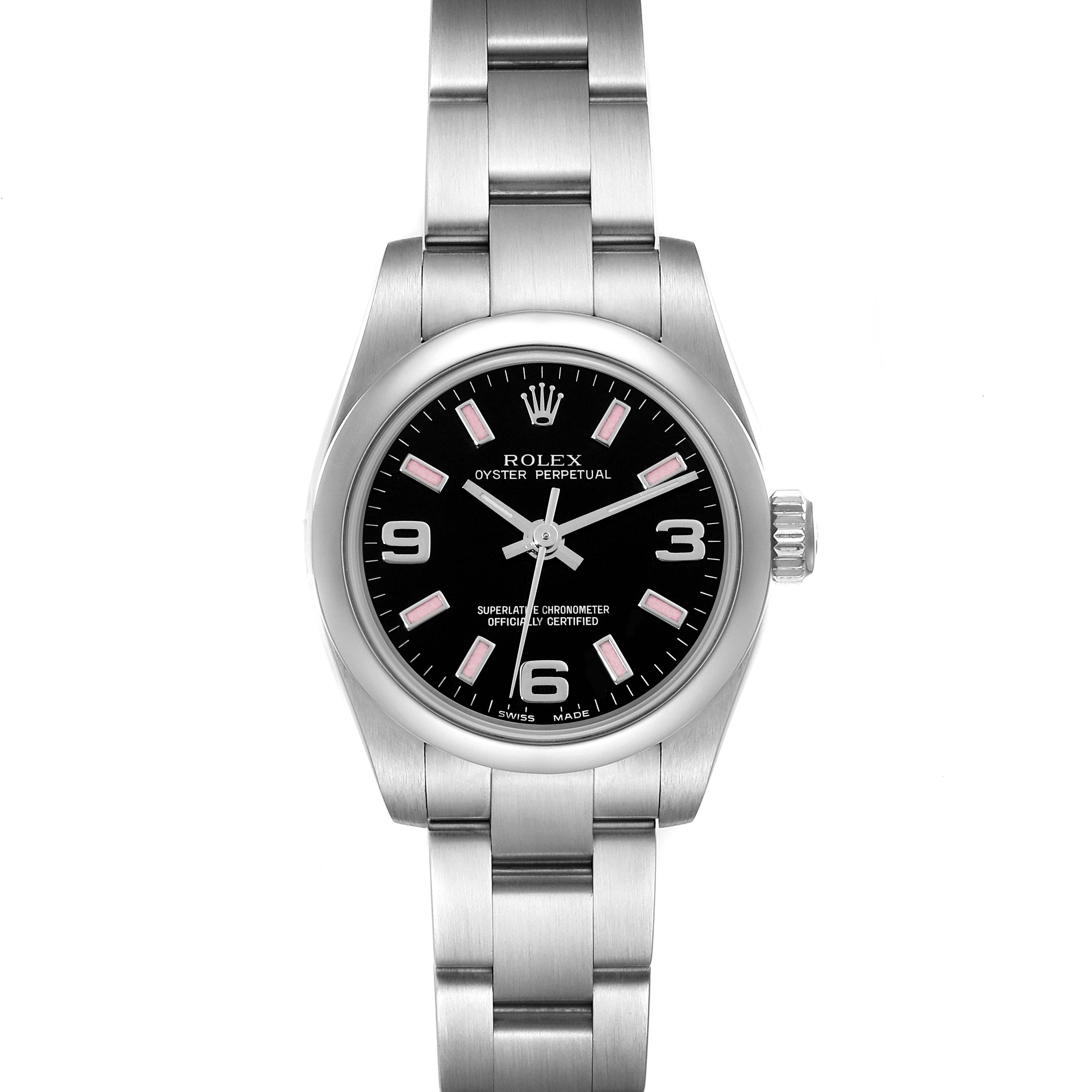 This image shows a front view of the Rolex Oyster Perpetual 176200 Women's Stainless Steel Black Dial 176200 Women's Stainless Steel Black Dial watch, highlighting its face, bezel, and stainless steel bracelet.