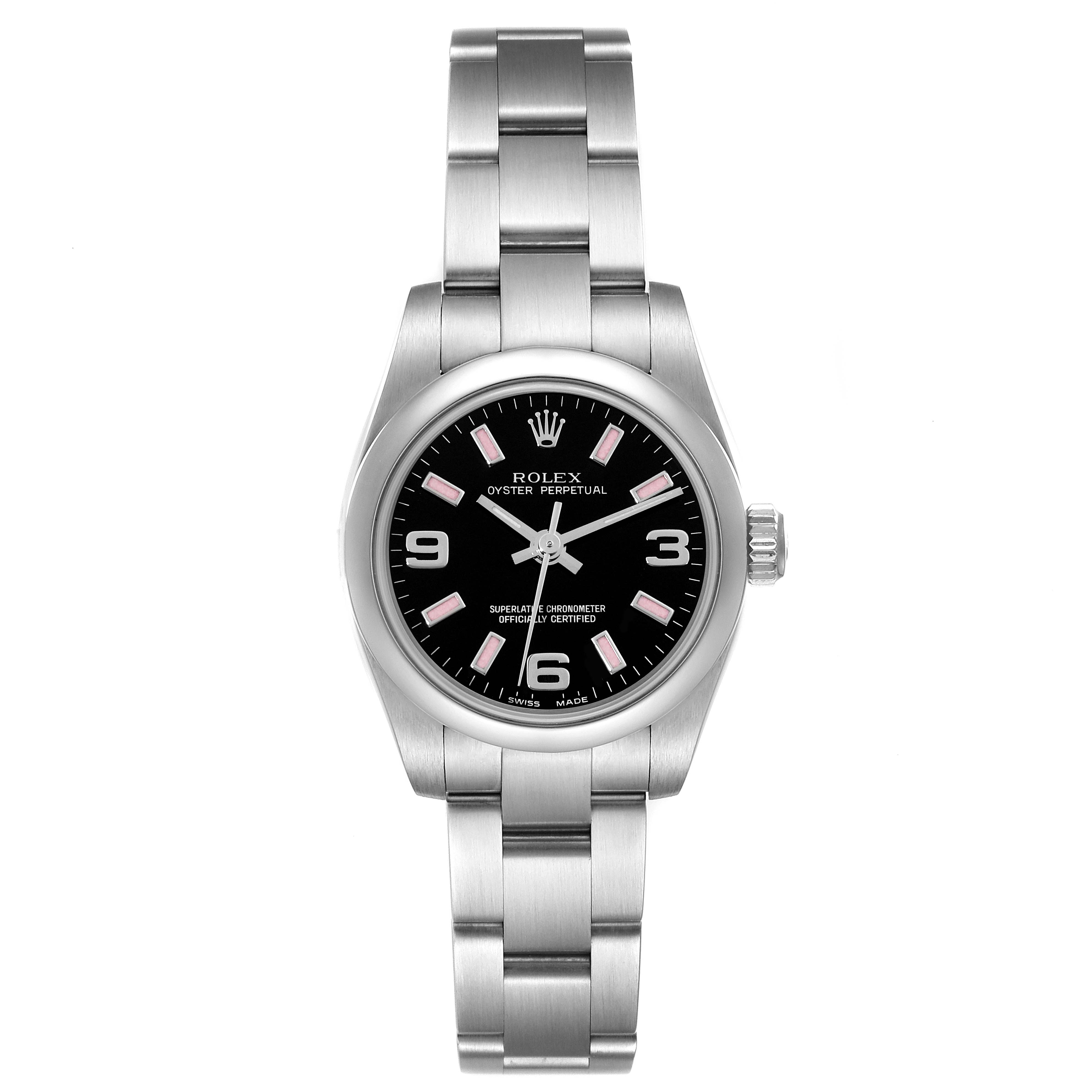 The image shows a front view of a Rolex Oyster Perpetual 176200 Women's Stainless Steel Black Dial 176200 Women's Stainless Steel Black Dial watch, highlighting its dial, bracelet, and crown.