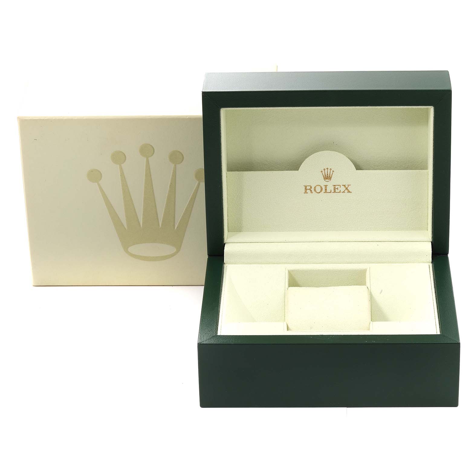 The image shows an open Rolex watch box for the Oyster Perpetual model, displaying the interior with a cushion.