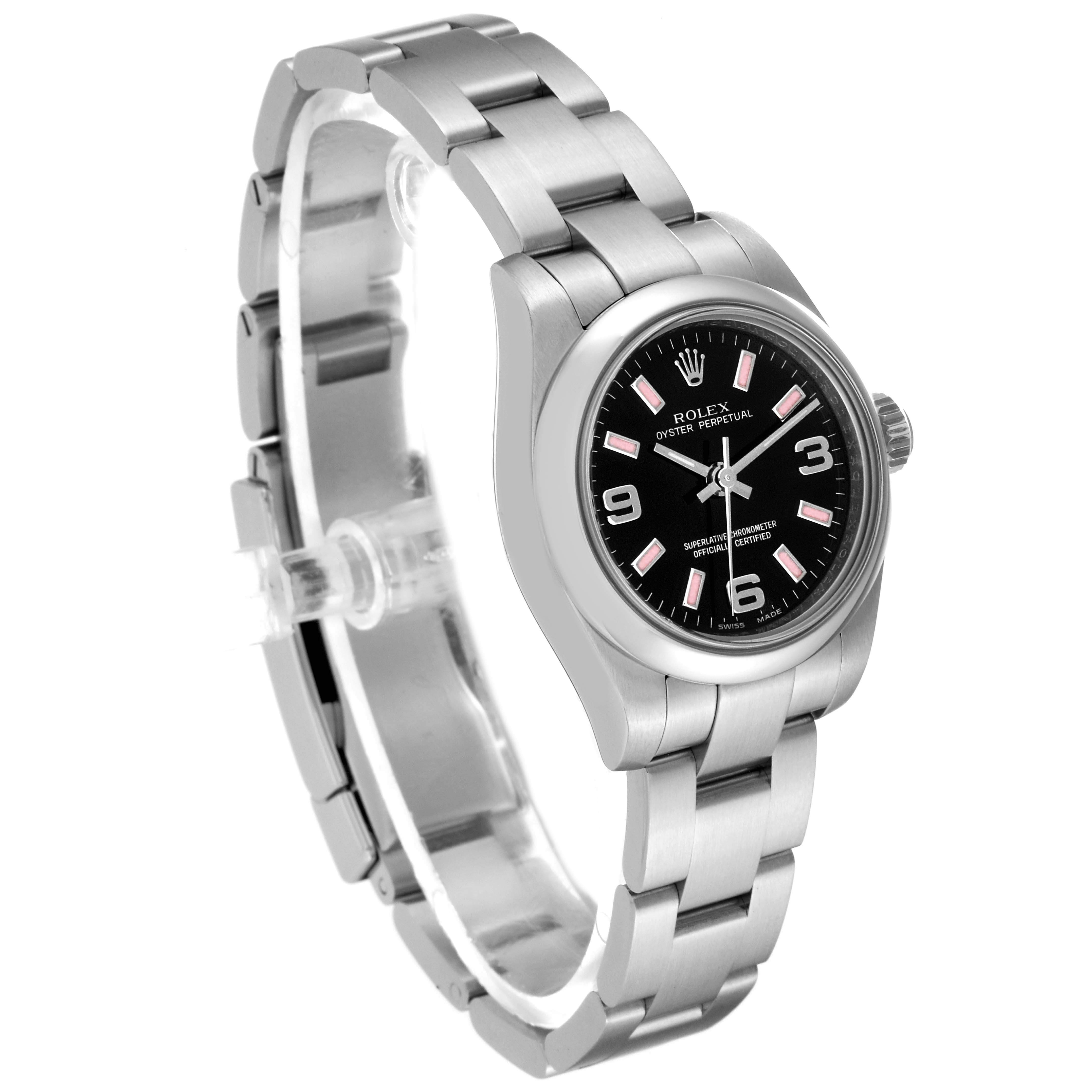 The Rolex Oyster Perpetual 176200 Women's Stainless Steel Black Dial 176200 Women's Stainless Steel Black Dial watch is shown at an angled view, highlighting its black dial, stainless steel bracelet, and crown.