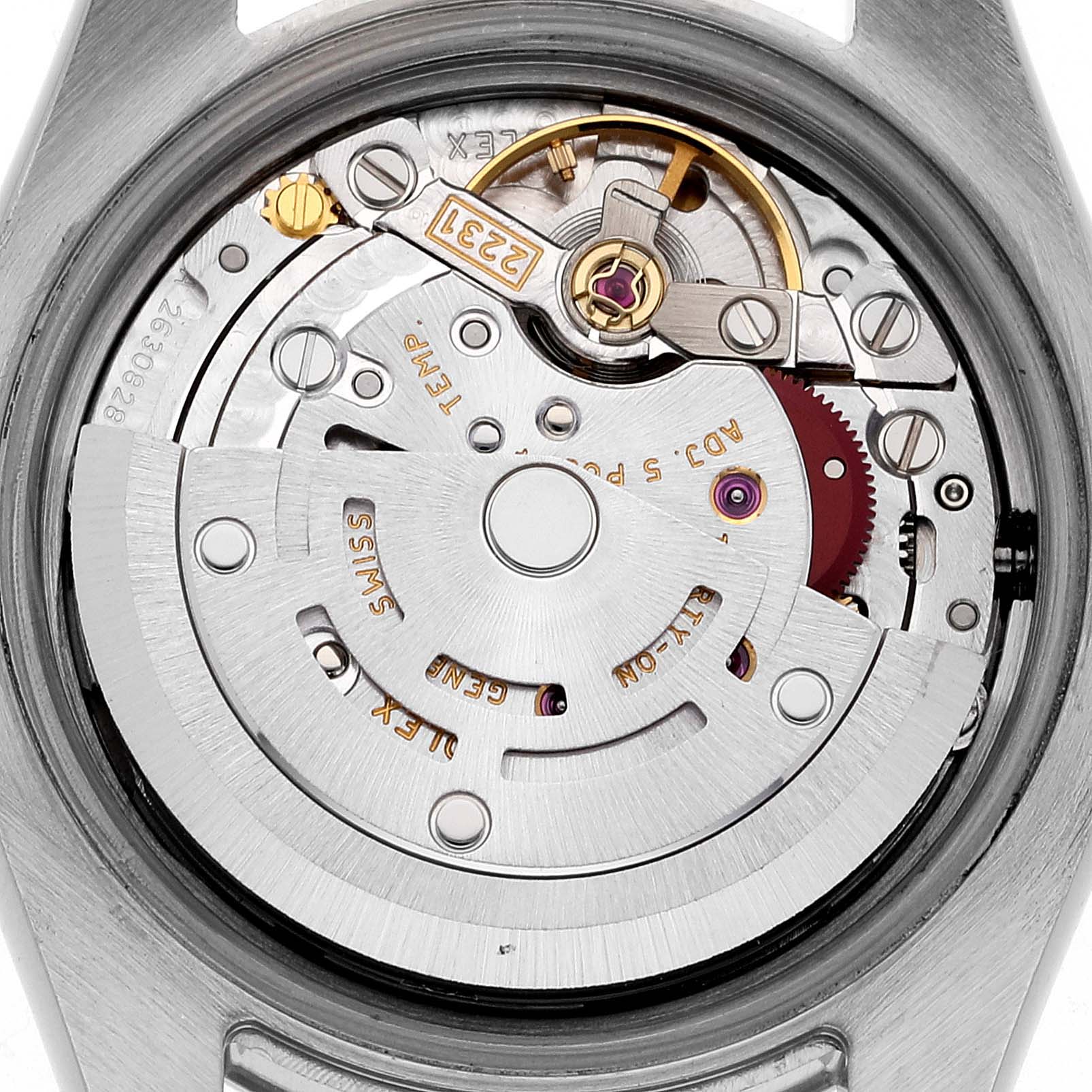 This image shows the intricate internal mechanism of a Rolex Oyster Perpetual 176200 Women's Stainless Steel Black Dial 176200 Women's Stainless Steel Black Dial watch from an overhead view.