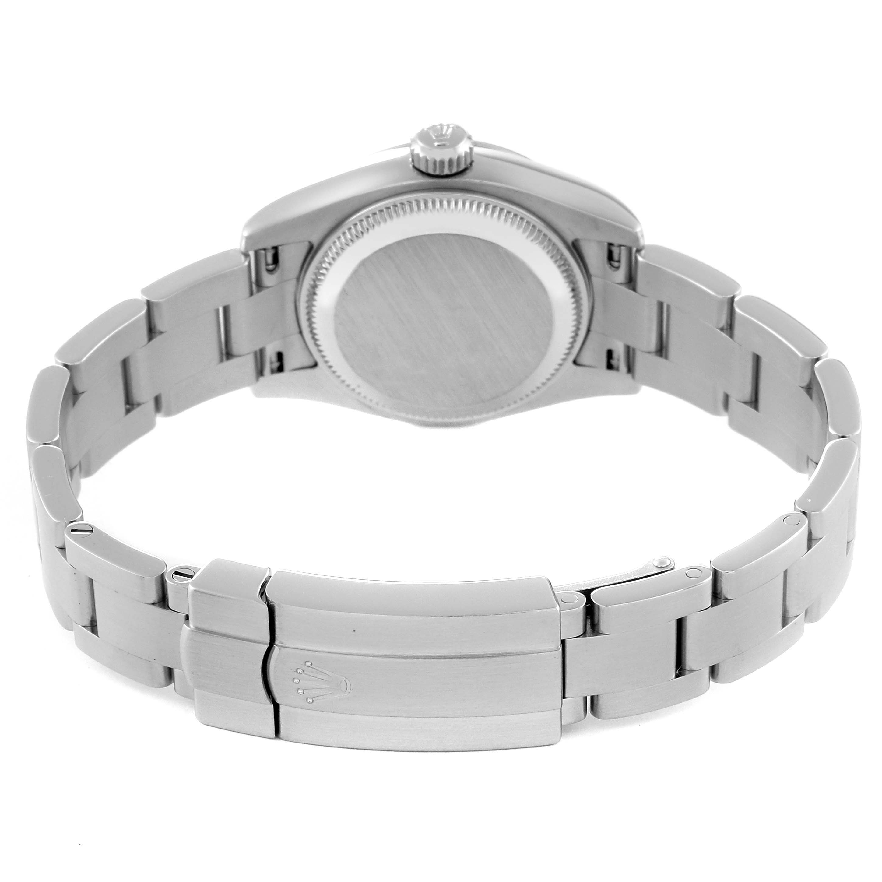 This image shows the back and clasp of a Rolex Oyster Perpetual 176200 Women's Stainless Steel Black Dial 176200 Women's Stainless Steel Black Dial watch, displaying the case back and stainless steel bracelet.