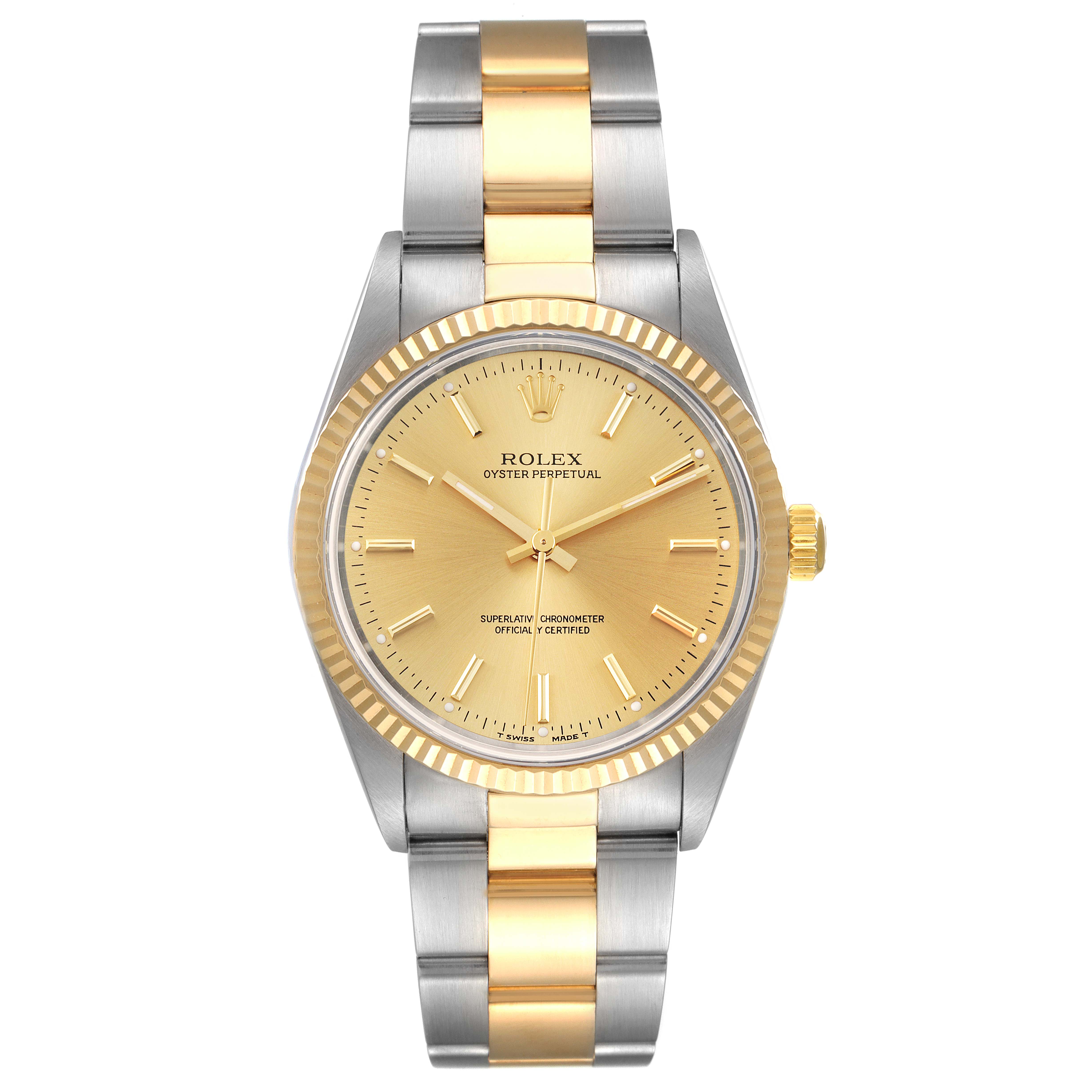 This image shows a front view of a Rolex Oyster Perpetual 14233 Men's Steel and Gold (two tone) Champagne Dial 14233 Men's Steel and Gold (two tone) Champagne Dial watch, highlighting its two-tone metal bracelet, bezel, and dial.