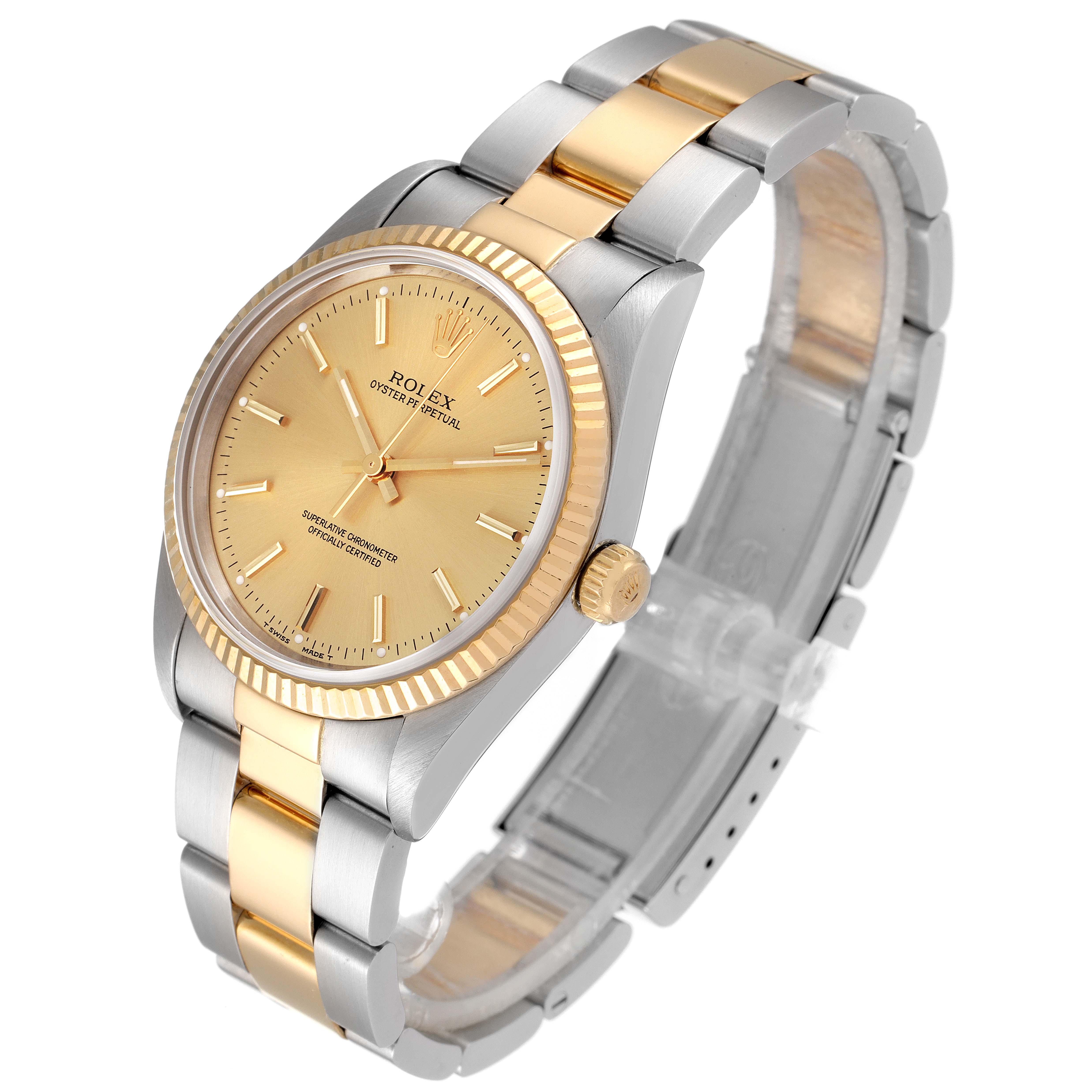The Rolex Oyster Perpetual 14233 Men's Steel and Gold (two tone) Champagne Dial 14233 Men's Steel and Gold (two tone) Champagne Dial watch is shown at an angled side view, displaying the face, bezel, crown, and bracelet.