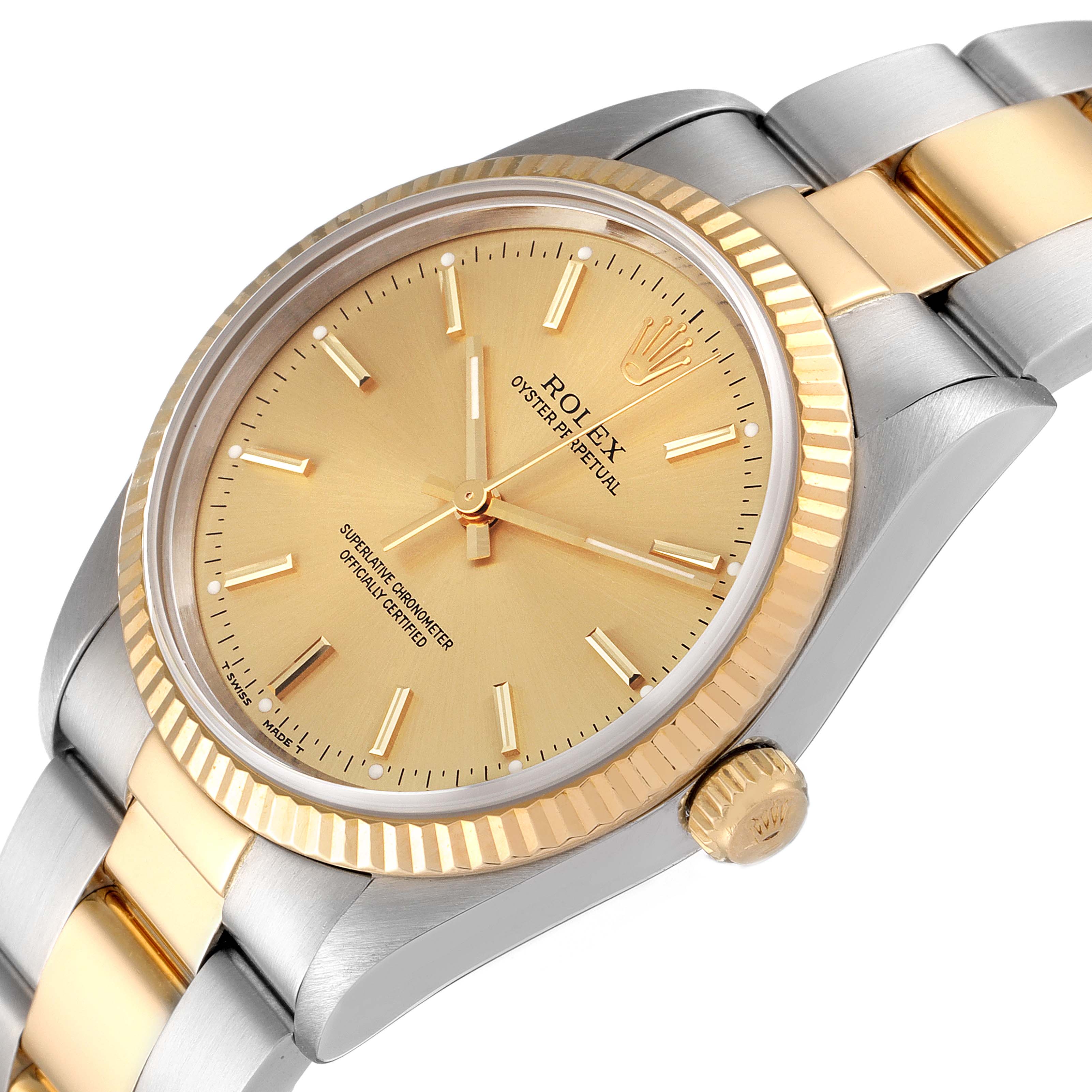 The image shows a close-up angle of a Rolex Oyster Perpetual 14233 Men's Steel and Gold (two tone) Champagne Dial 14233 Men's Steel and Gold (two tone) Champagne Dial watch, highlighting its gold dial, bezel, and bracelet.