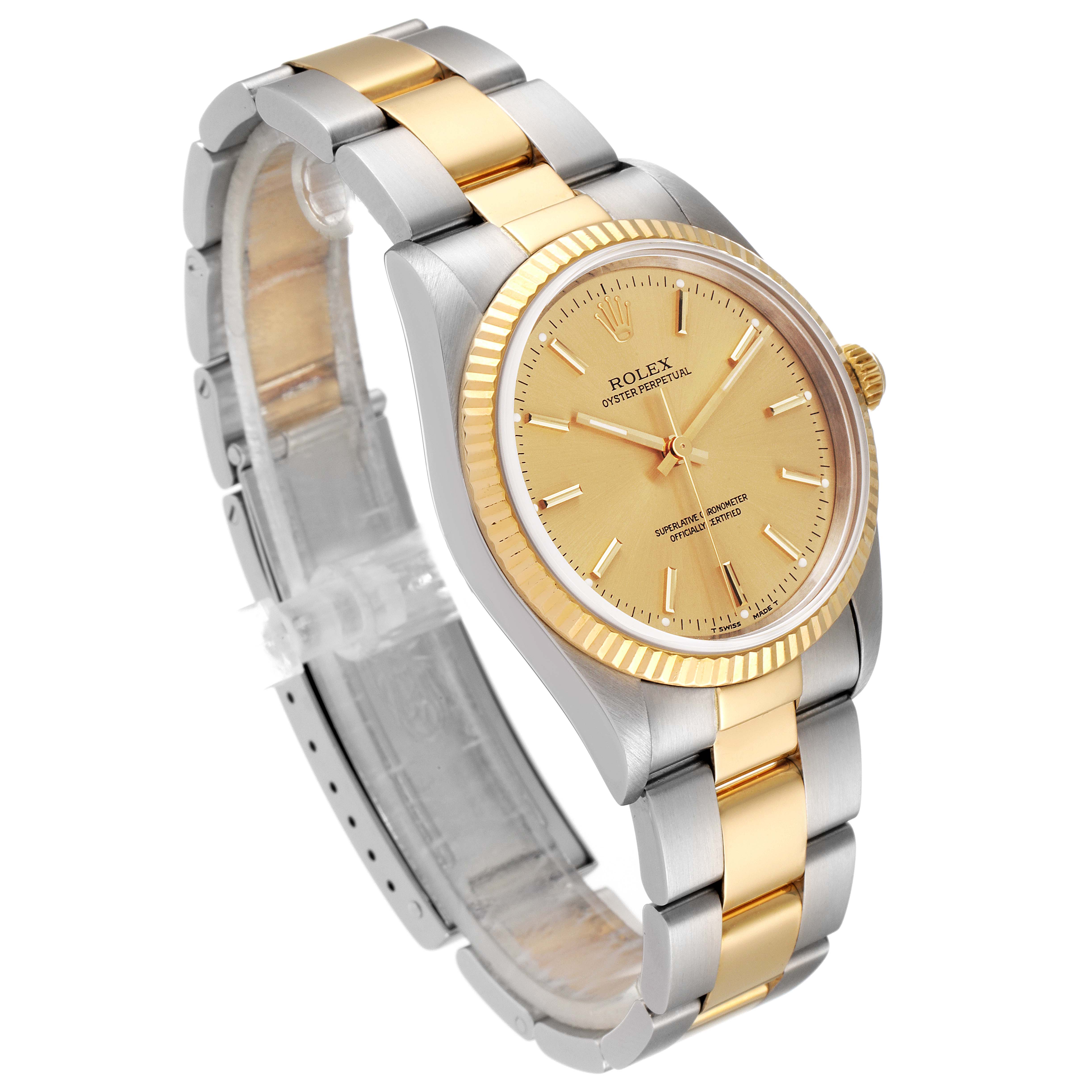 The image shows a Rolex Oyster Perpetual 14233 Men's Steel and Gold (two tone) Champagne Dial 14233 Men's Steel and Gold (two tone) Champagne Dial watch from a front-side angle, featuring a yellow gold and stainless steel bracelet and bezel.