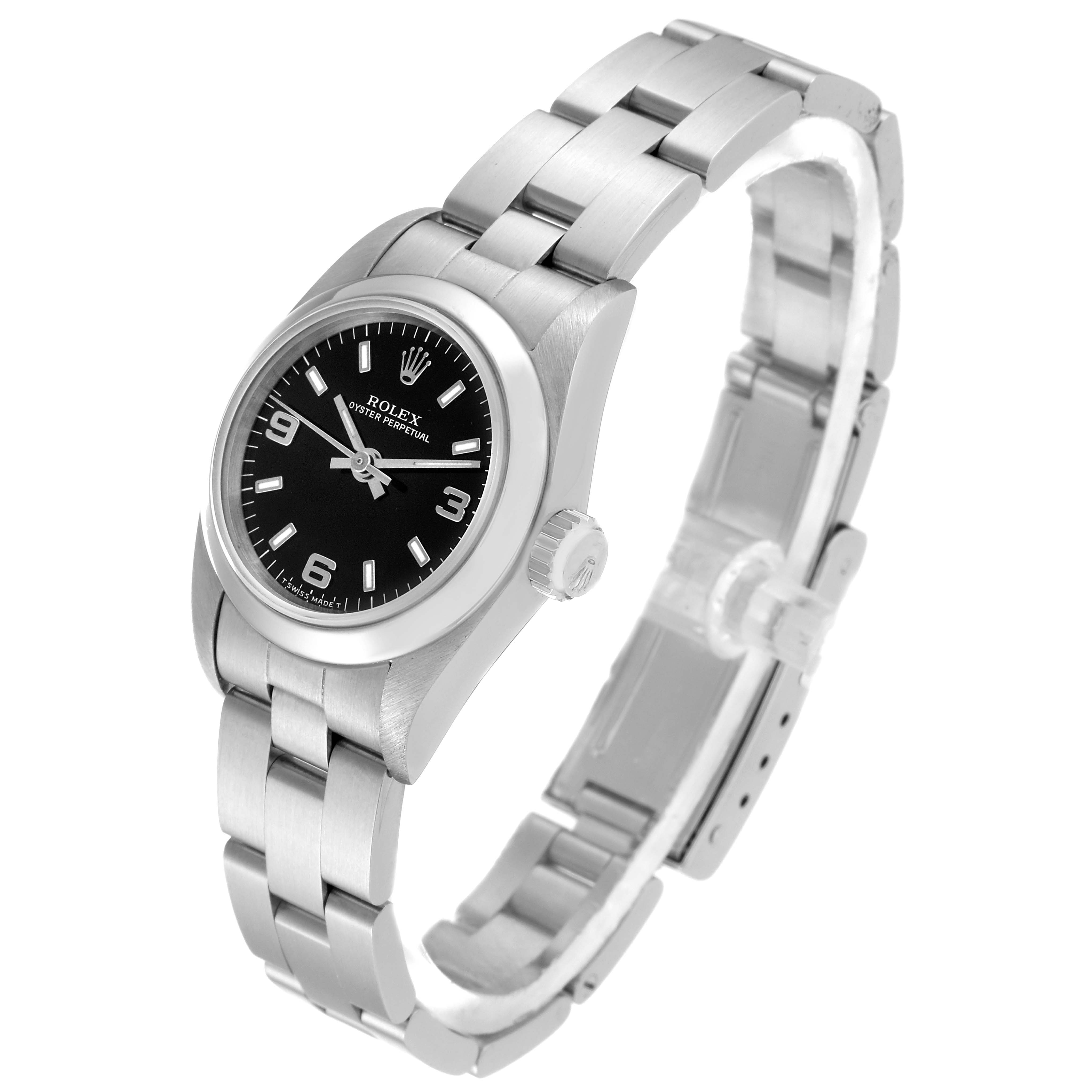 The image shows a Rolex Oyster Perpetual 67180 Women's Stainless Steel Black Dial 67180 Women's Stainless Steel Black Dial watch at a slight angle, highlighting the face, bezel, and bracelet.