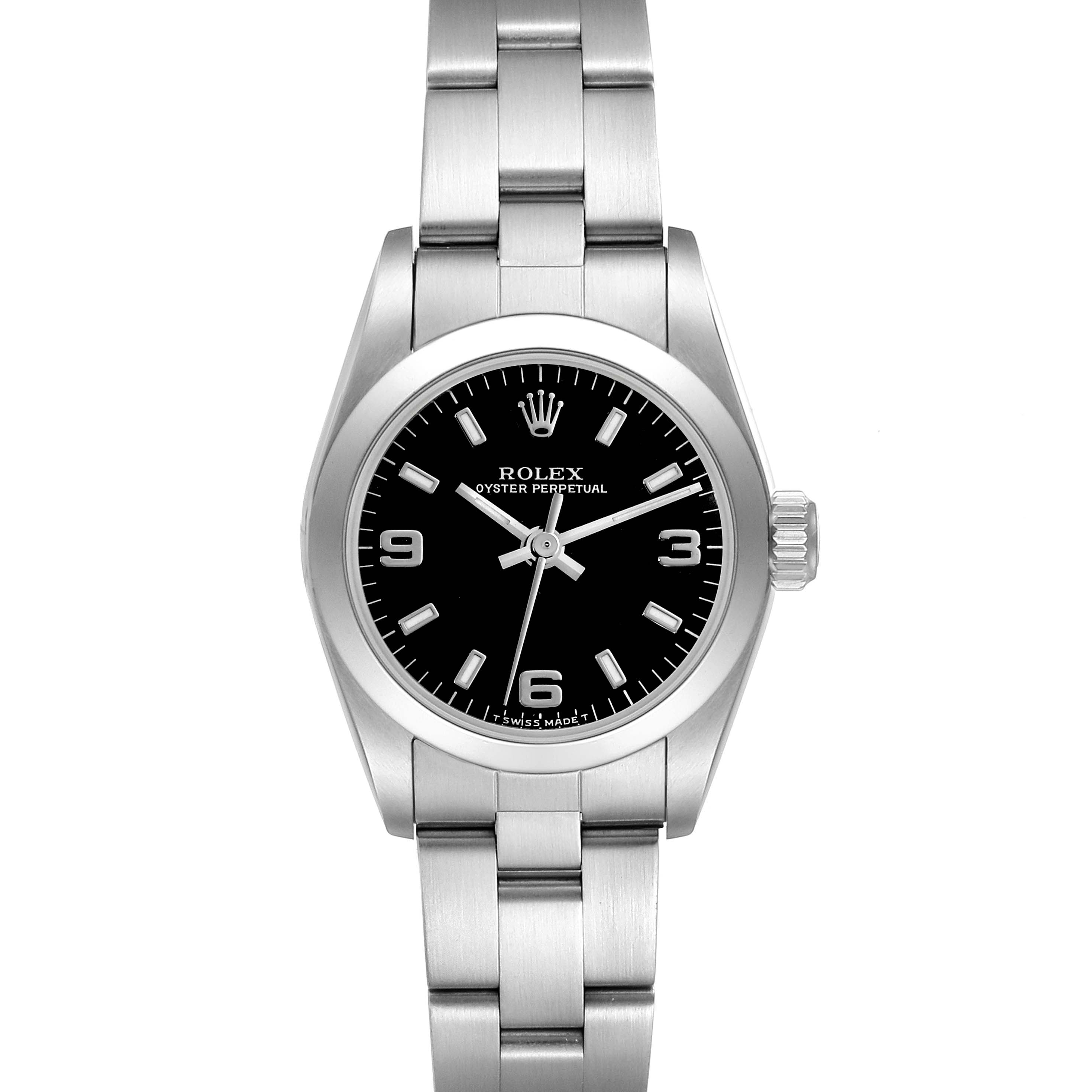 This image displays a front view of the Rolex Oyster Perpetual 67180 Women's Stainless Steel Black Dial 67180 Women's Stainless Steel Black Dial watch, showcasing its black dial, silver bezel, and bracelet.