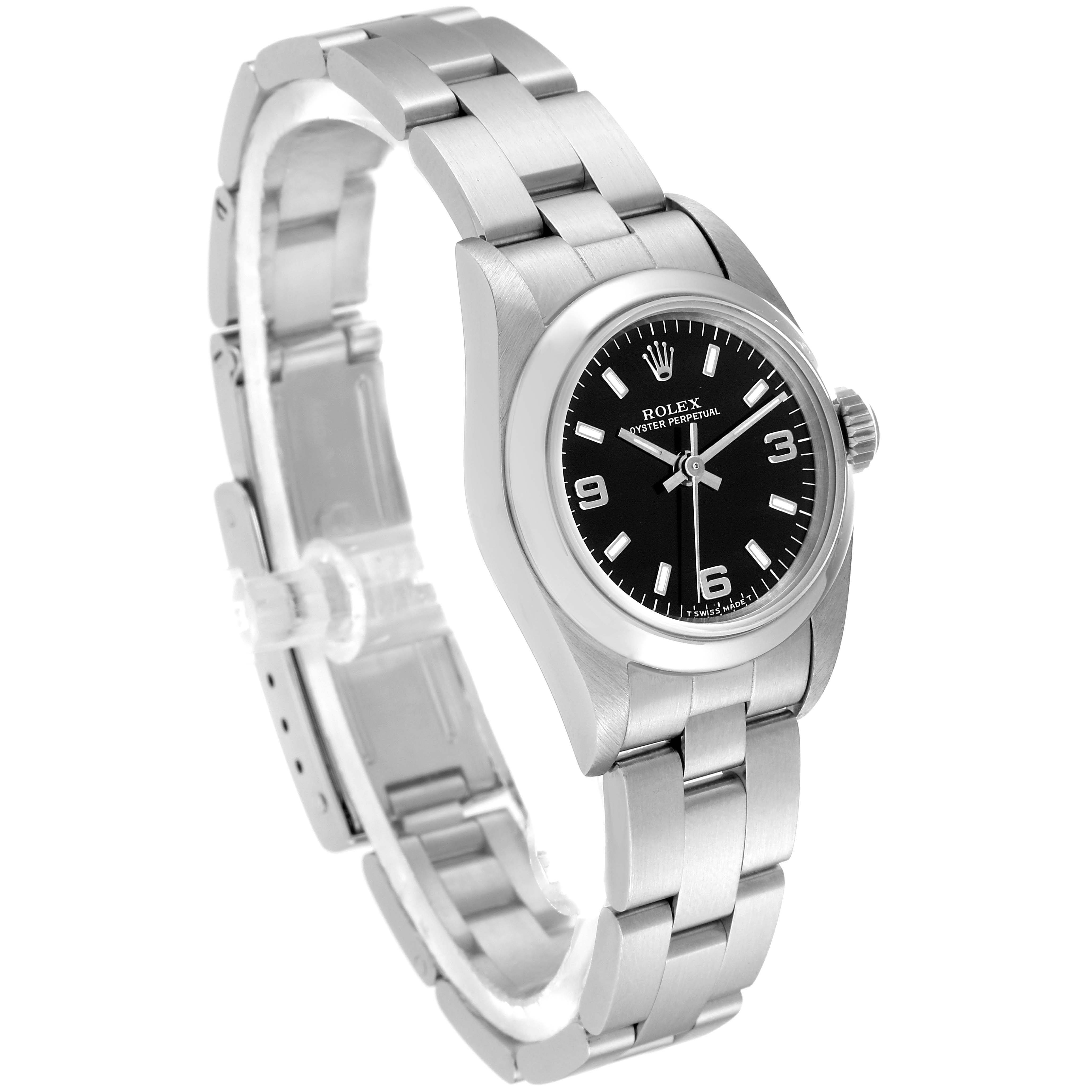 The image shows a Rolex Oyster Perpetual 67180 Women's Stainless Steel Black Dial 67180 Women's Stainless Steel Black Dial watch from a side angle, highlighting its black dial, bezel, case, crown, and bracelet.